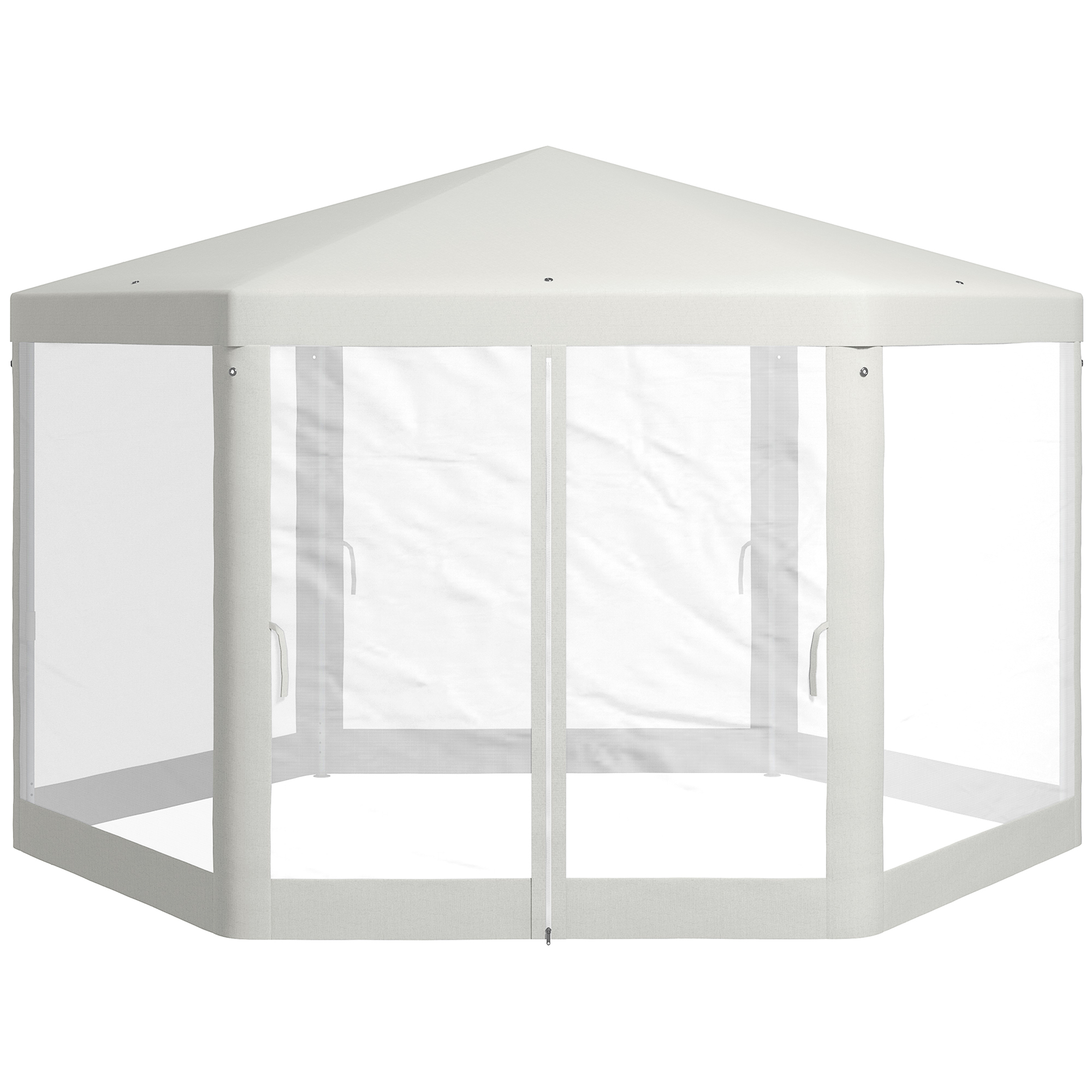 Gartenpavillon, 6-eckig, Netzvorhänge, Metallgestell, 3,94x3,412x2,5m, Creme