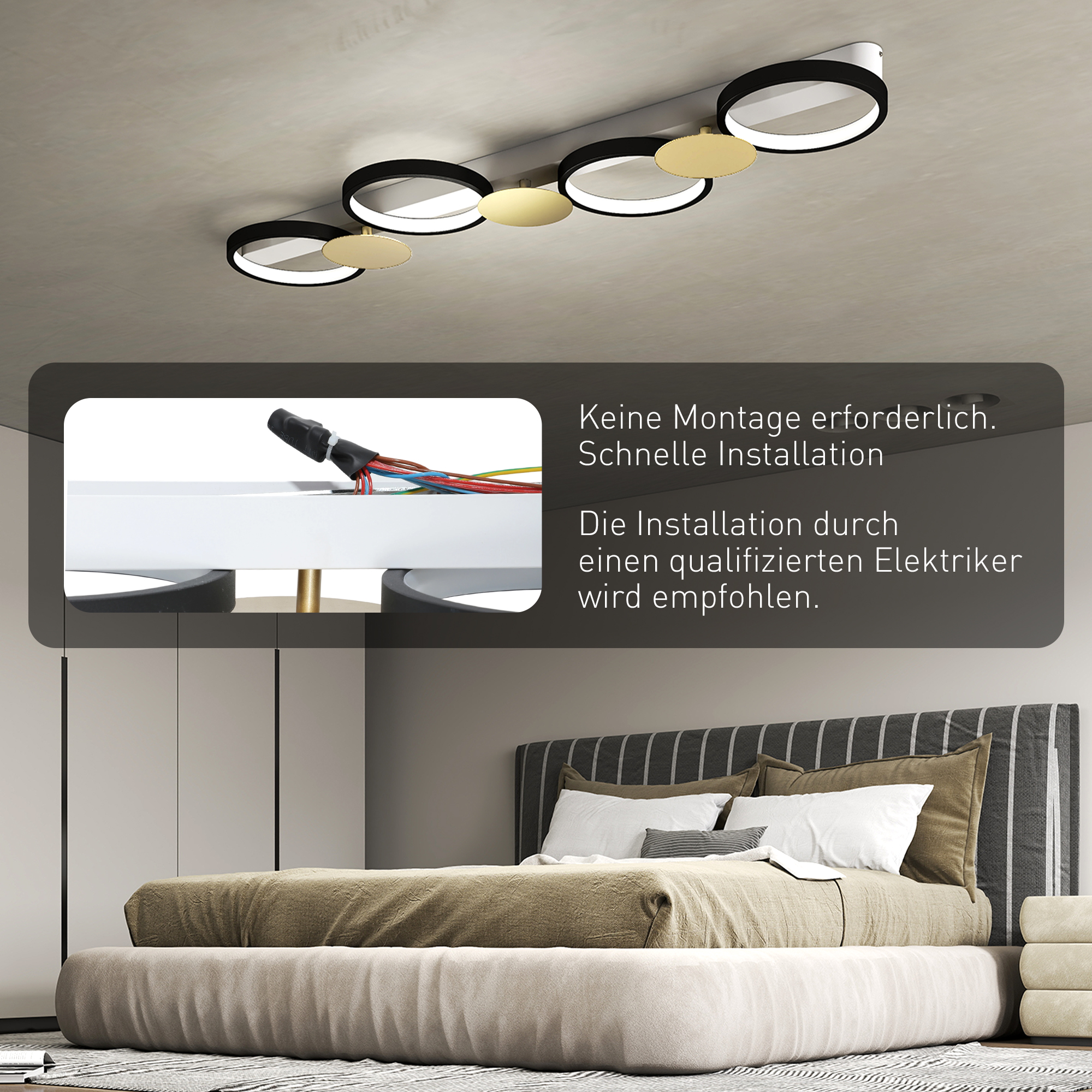 Deckenleuchte LED 38W 1500LM 3000K-6500K Deckenlampe Wohnzimmerlampe mit 4 Glühbirnen Fernbedienung Schwarz+Gold
