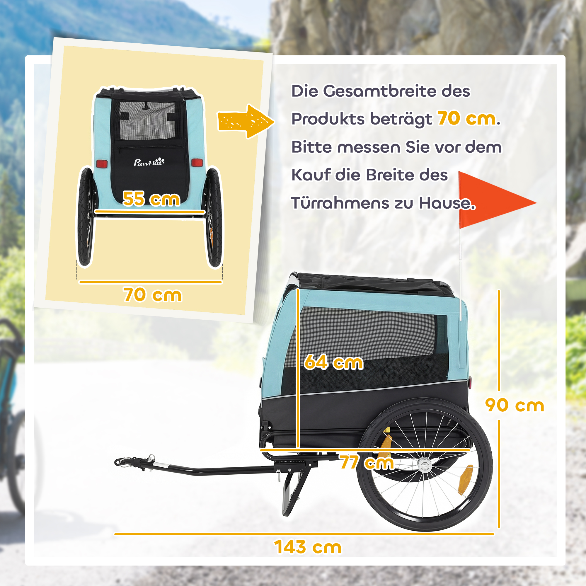 faltbarer Fahrradanhänger mit Sicherheitsreflektoren, Leine, für Mittelgroße Hunde bis 20 kg 143 x 70 x 90 cm Hellblau