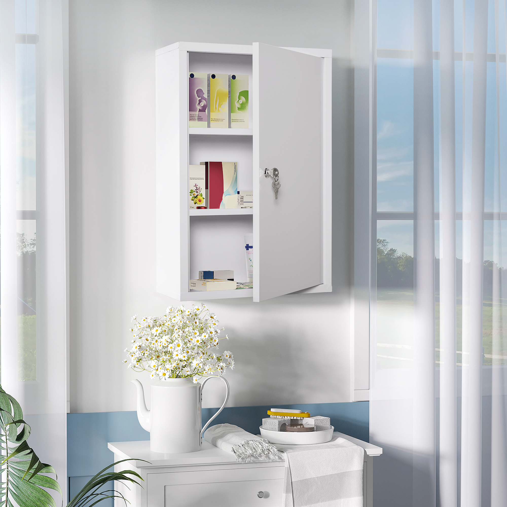 Medizinschrank Arzneischrank zur Medikamenten-Aufbewahrung, Abschließbar Medikamentenschrank Metall mit 3 Fächern Erste-Hilfe-Schrank, 40 x 18 x 60 cm, Weiß