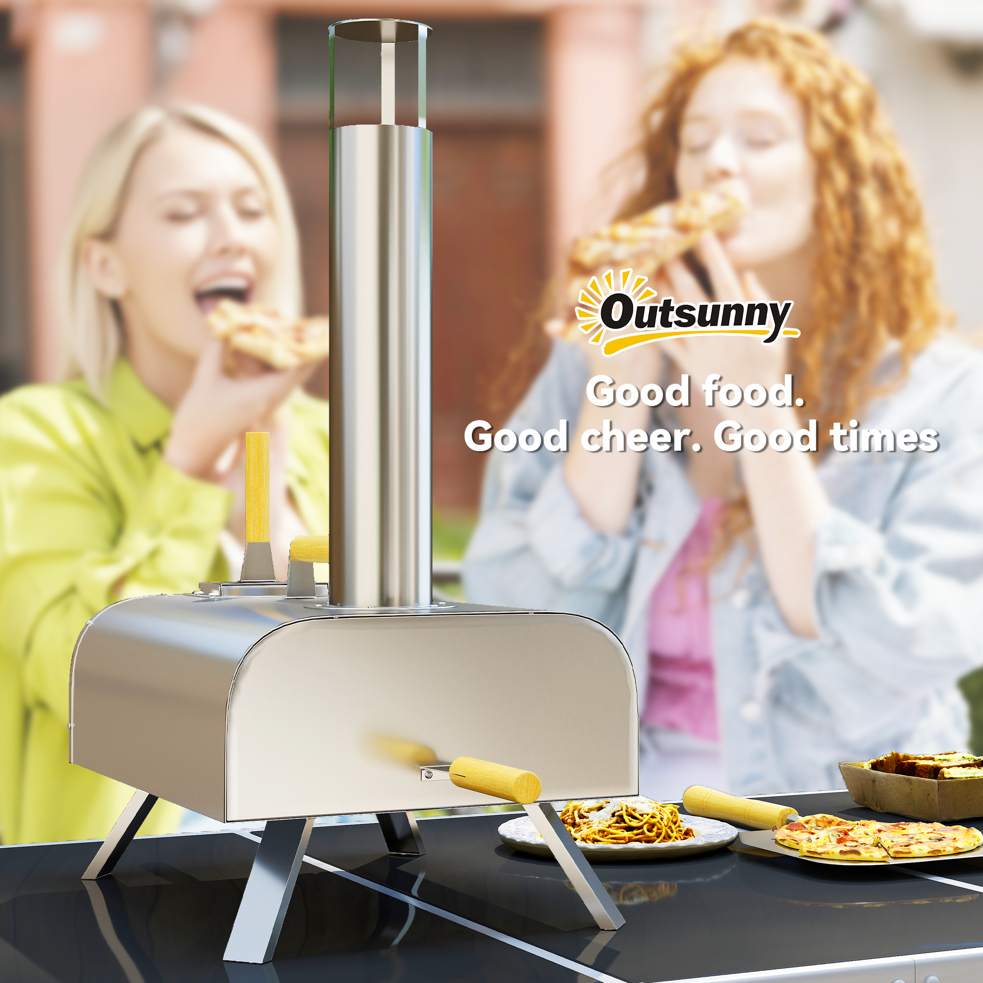 Outdoor-Pizzaofen, Tragbarer Pizza-Ofen mit Pizzastein und Schaufel, klappbare Beine, Schornstein, Edelstahl