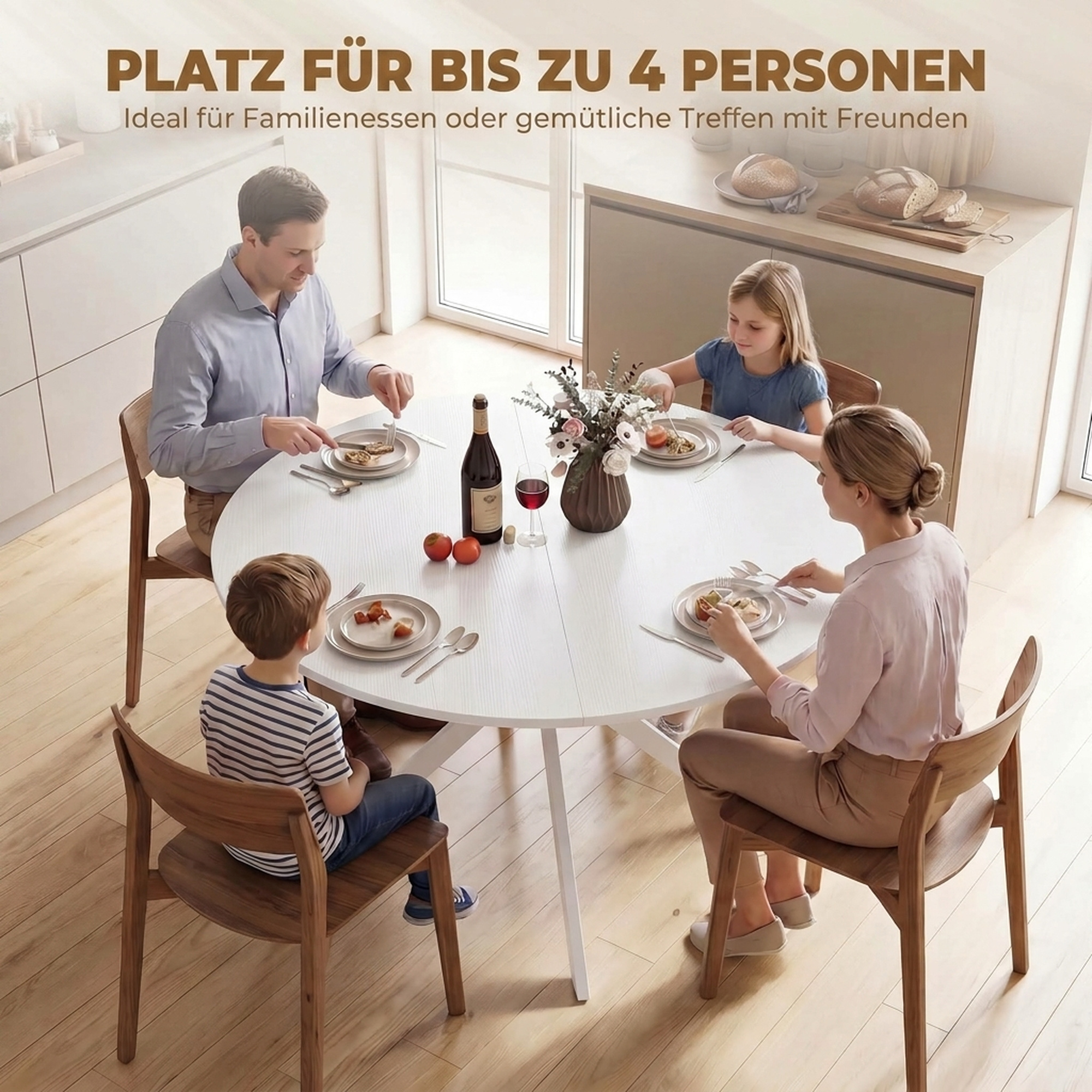 Runder Esstisch für 4 Personen, Küchentisch im Industriestil mit Stahlbeinen, für Esszimmer, Küche, Weiß
