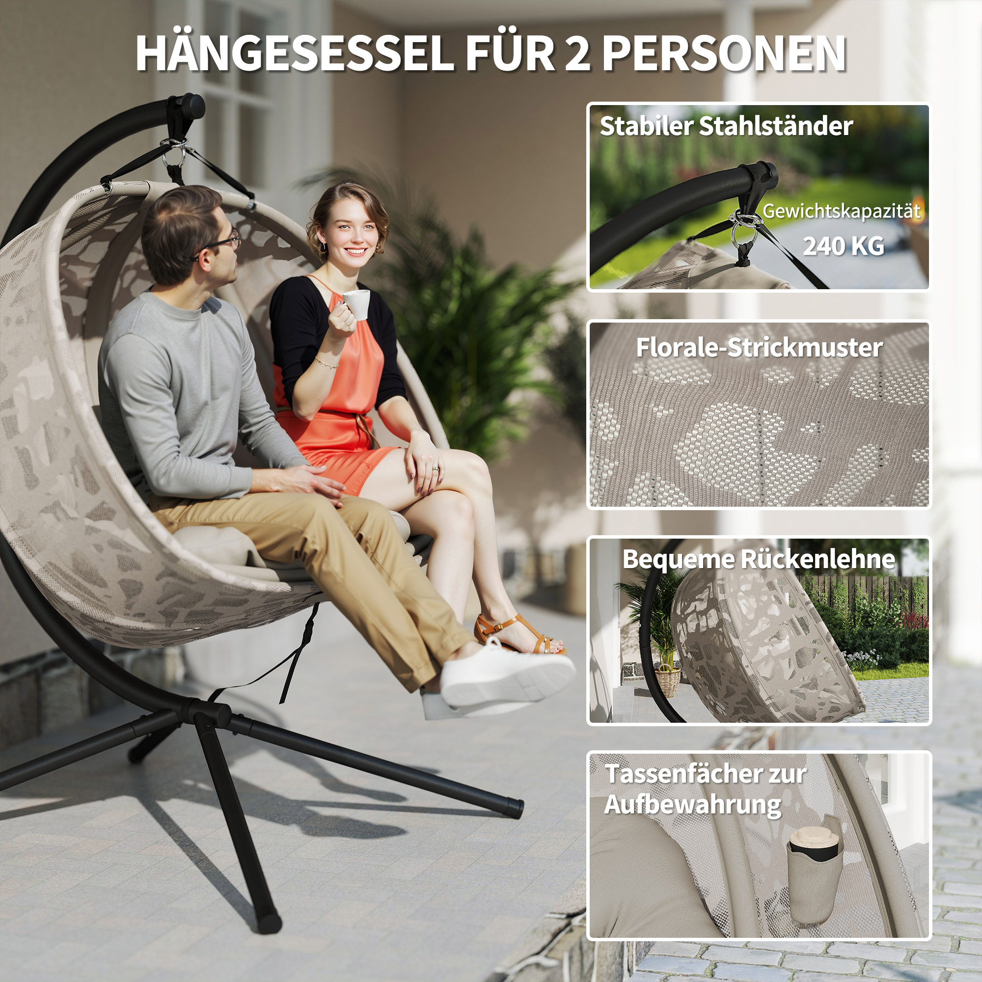 Hängesessel, für 2 Personen, klappbarer Sitzkorb, großes Sitzkissen, Sand, 130 x 103 x 172 cm