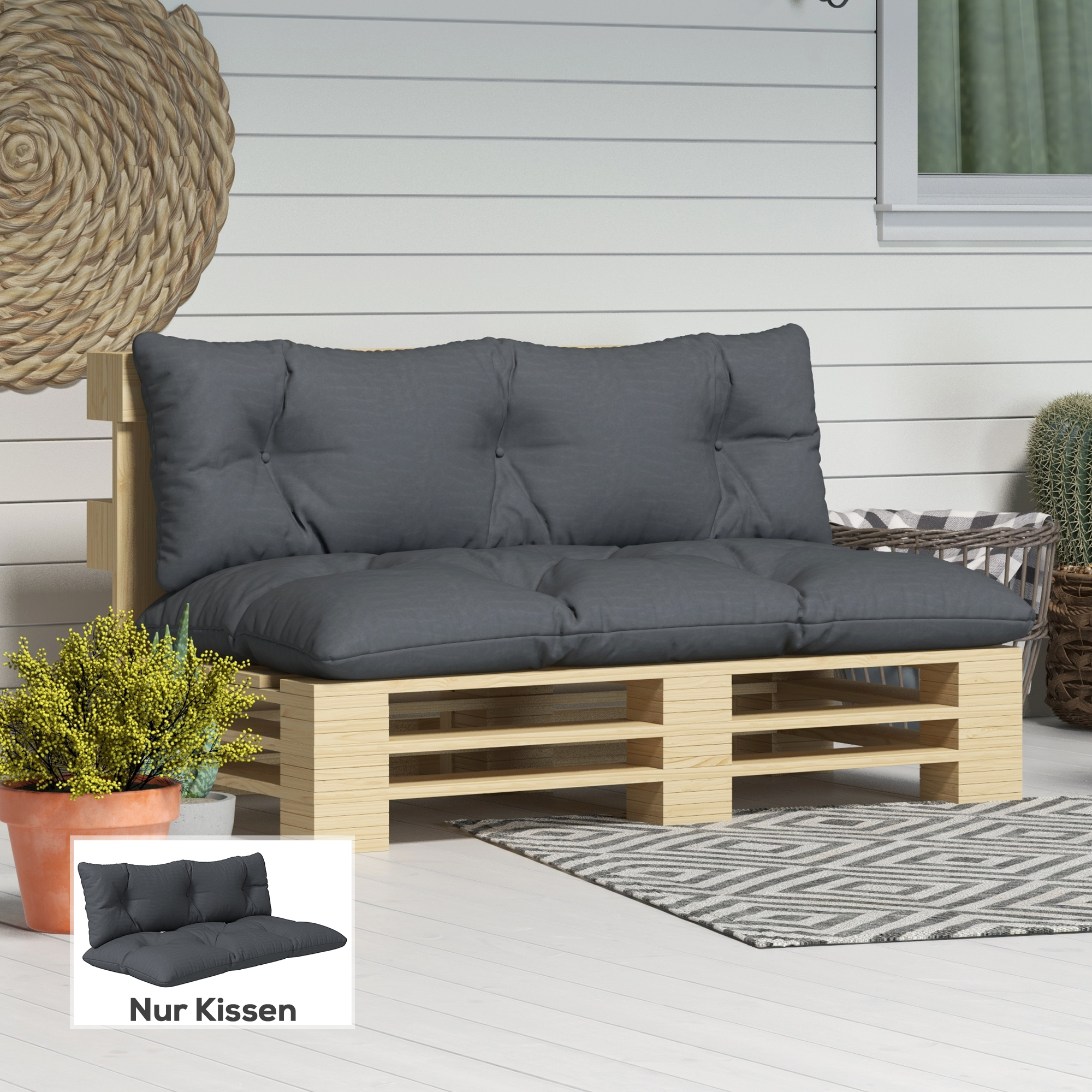 2 teilige Polsterauflage Gartenmöbelsitzkissen Sitzauflage, wetterbeständig, Knopfheftung, 120 x 60 x 15 cm, Grau