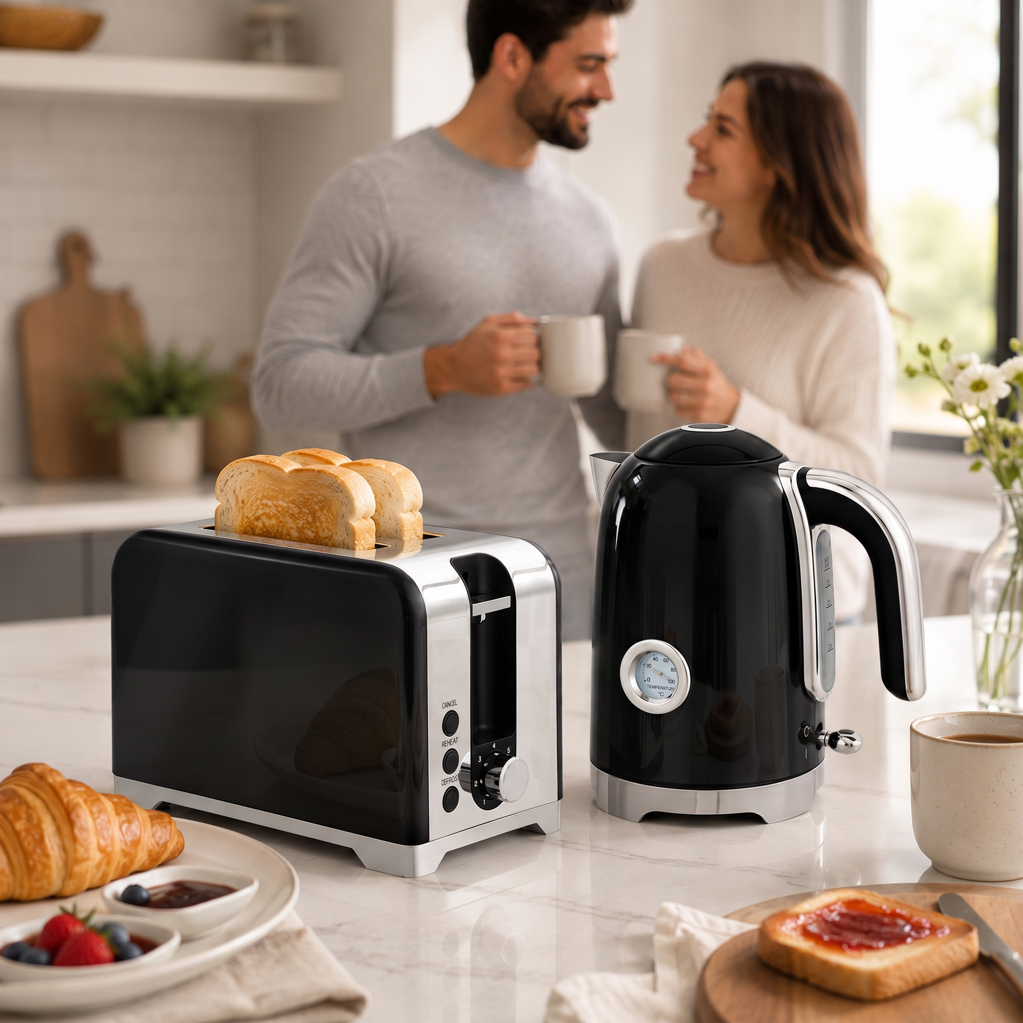 Wasserkocher und Toaster Set mit Thermometer, 1,7 l, 2200 W Wasserkocher, 2-Scheiben-Toaster mit 7 Bräunungsstufen