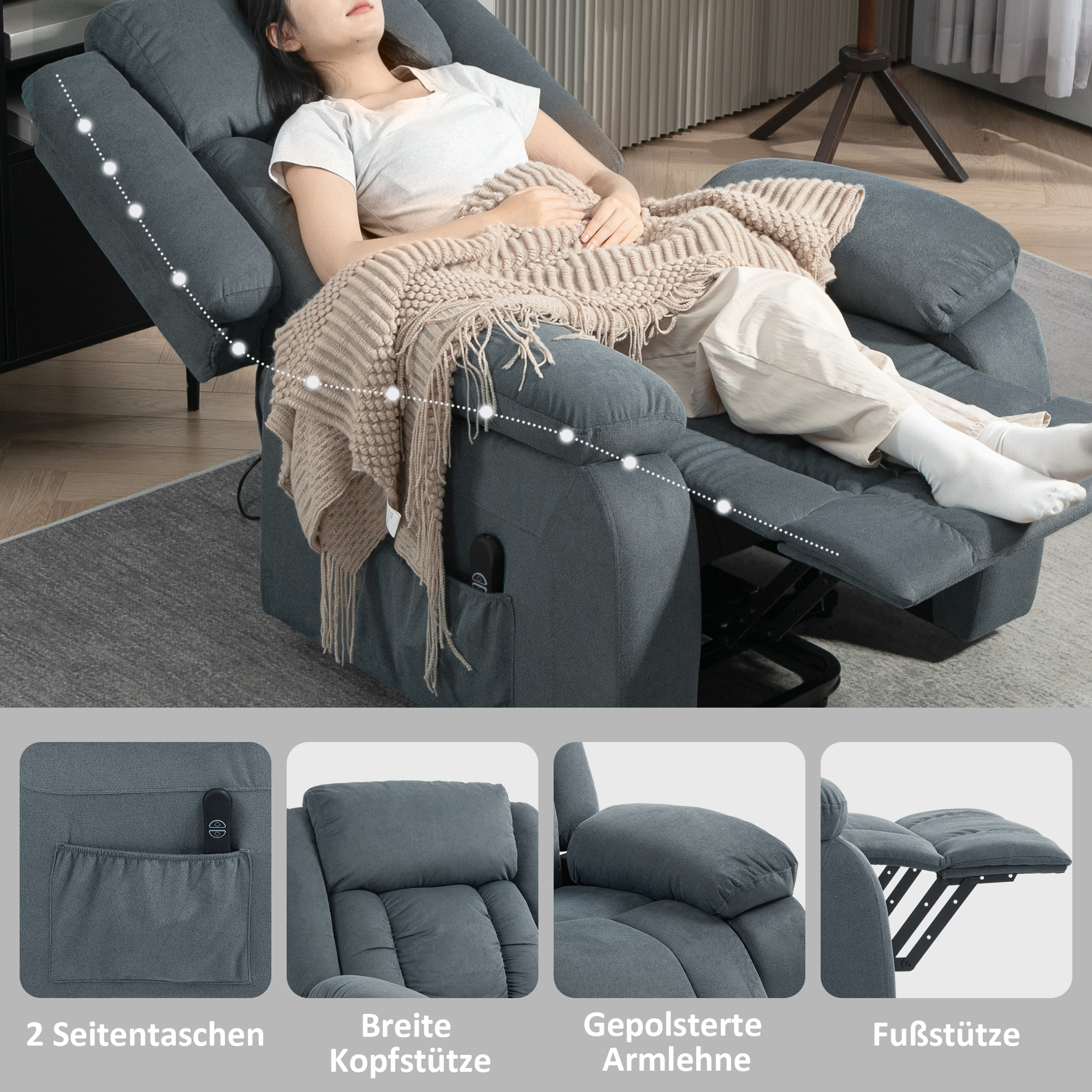 Aufstehsessel mit weichem Bezug, Recliner-Sessel mit Fernbedienung und Seitentaschen, Grau