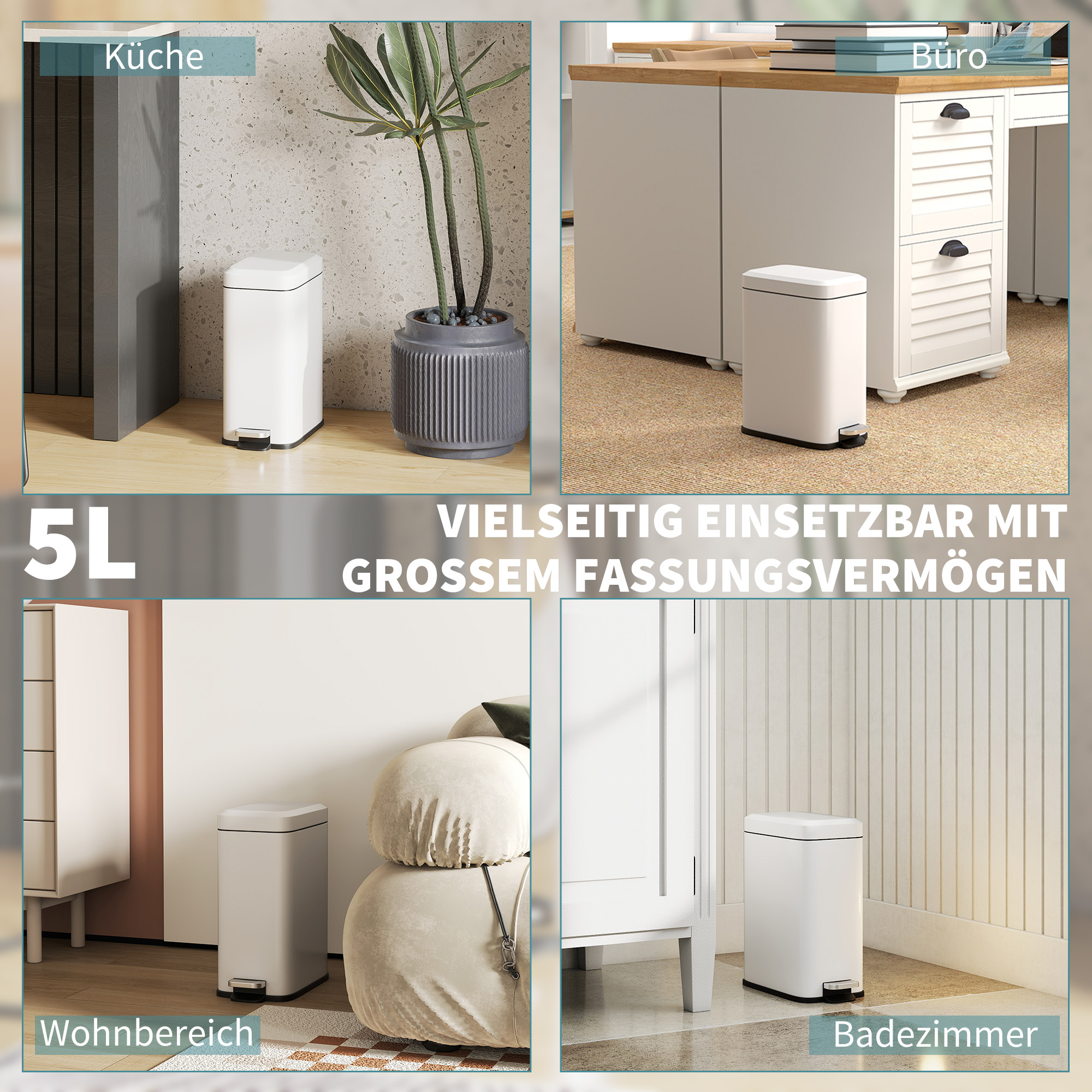 Mülleimer aus Metall, Abfalleimer, 5 L Fassungsvermögen, mit Fußpedal, mit Inneneimer, Weiß
