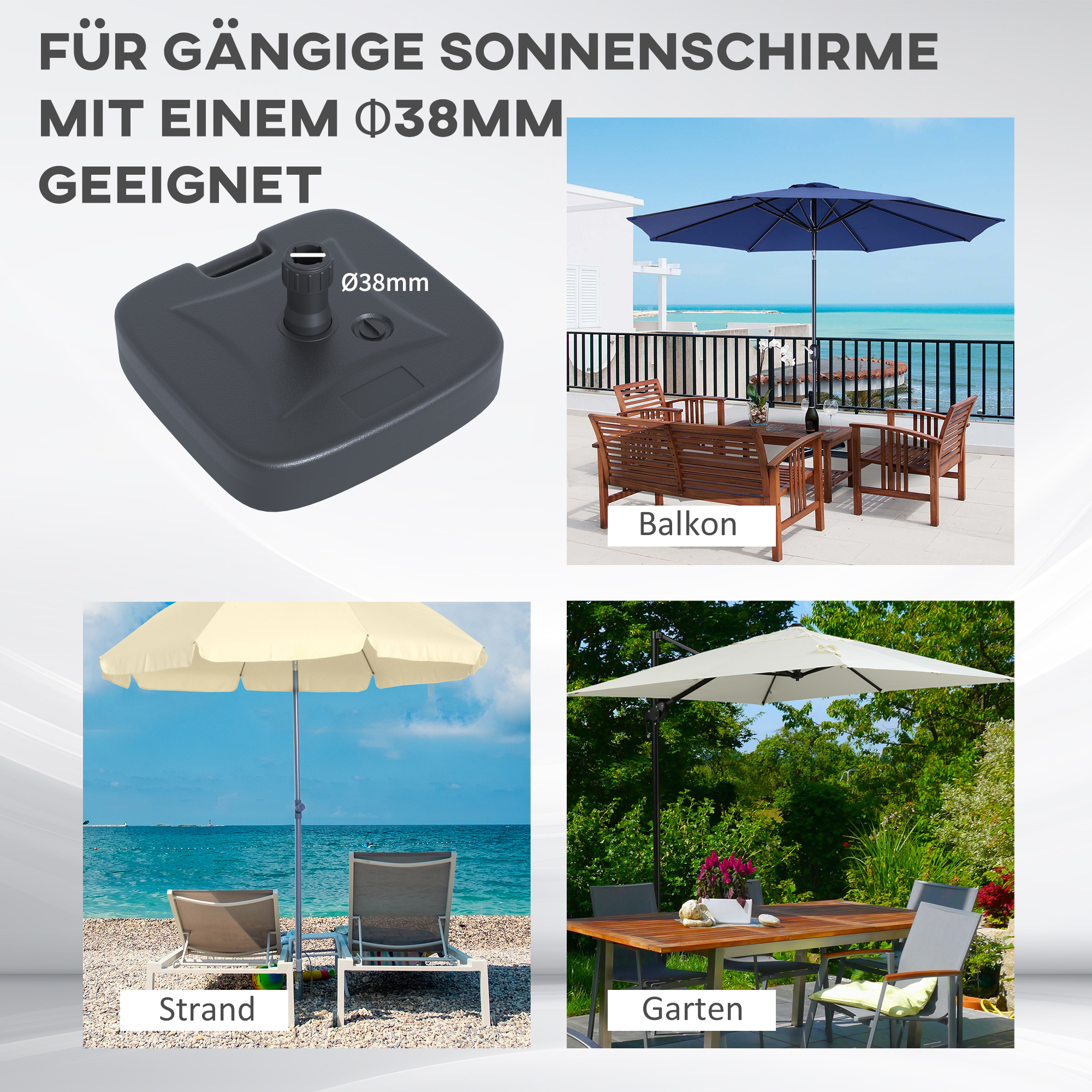 Sonnenschirmständer Schirmständer Schirmhalter befüllbar mit Sand Wasser abgerundete Ecken HDPE-Kunststoff Schwarz 46 x 45 x 26 cm bis zu 30 kg Netto Gewicht 1,6Kg