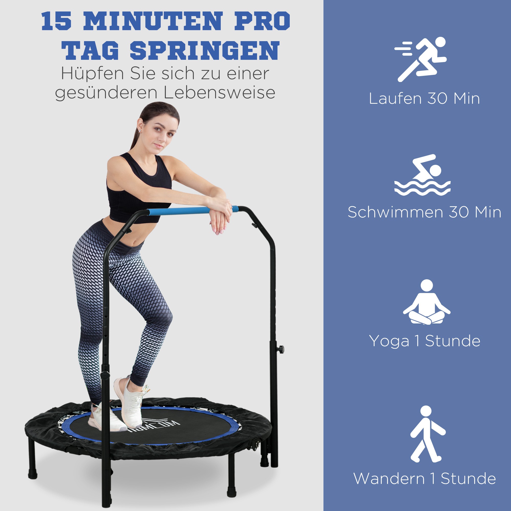 Fitnesstrampolin, klappbar, verstellbarer Haltegriff, Ø102x123H cm, bis 150 kg, Schwarz/Blau
