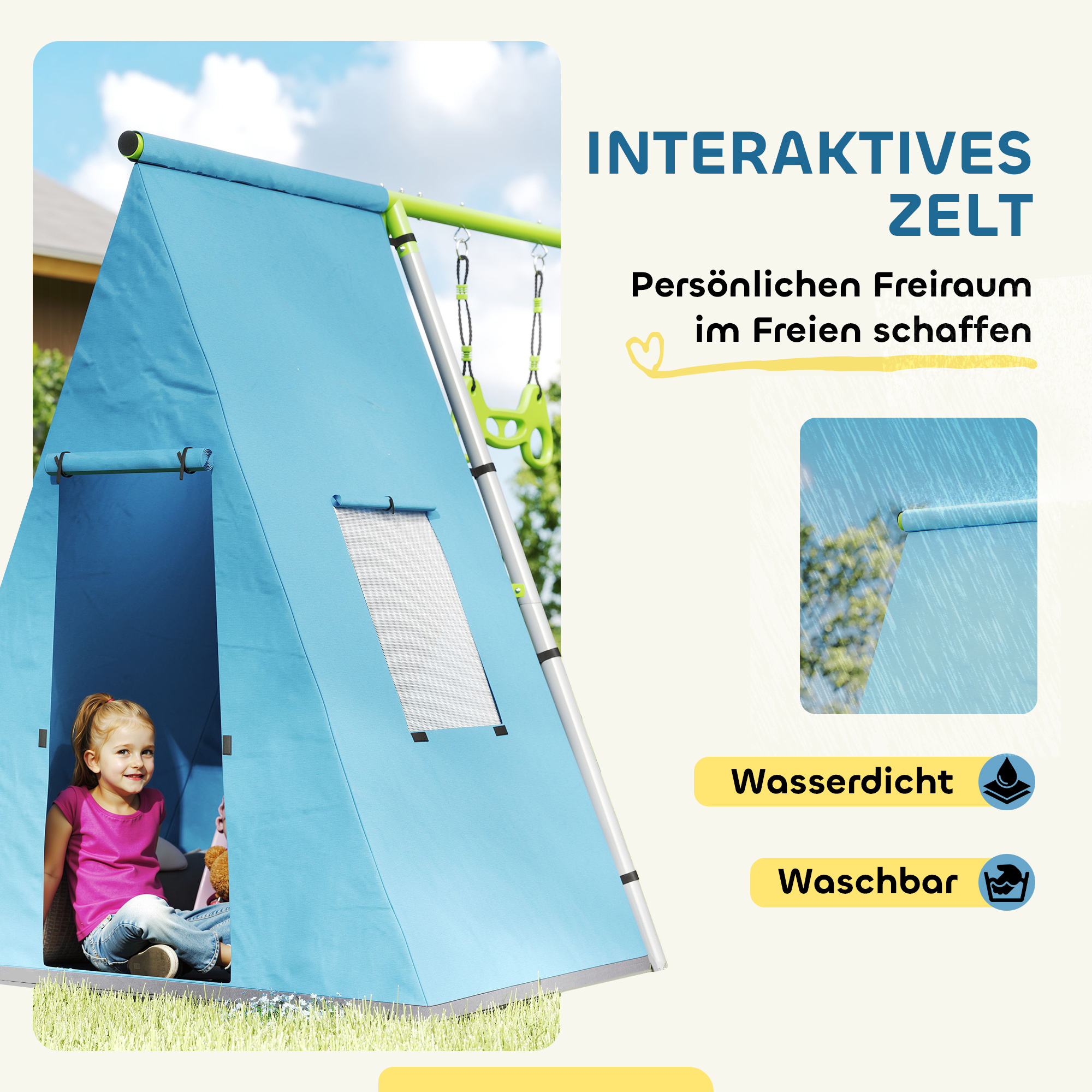3-in-1 Schaukelset, Spielzelt, Schaukel, Turnringe, Metall, Kunststoff, Grün