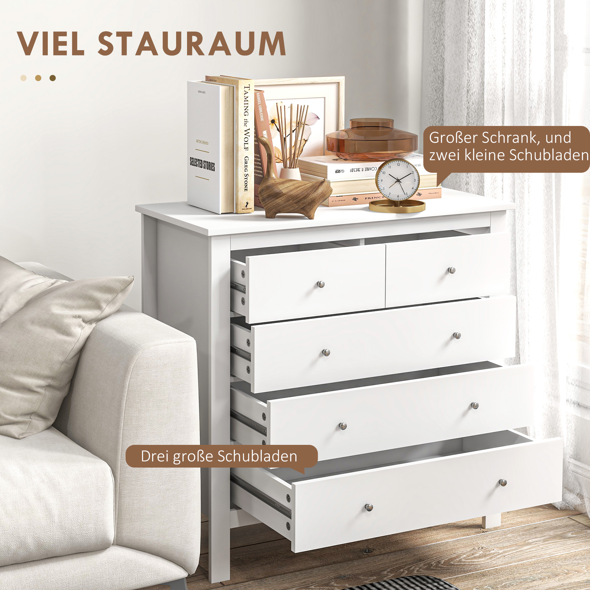 Kommode, Sideboard, leises Öffnen/Schließen, Kippschutz, 79 x 39,5 x 80,5 cm, Weiß