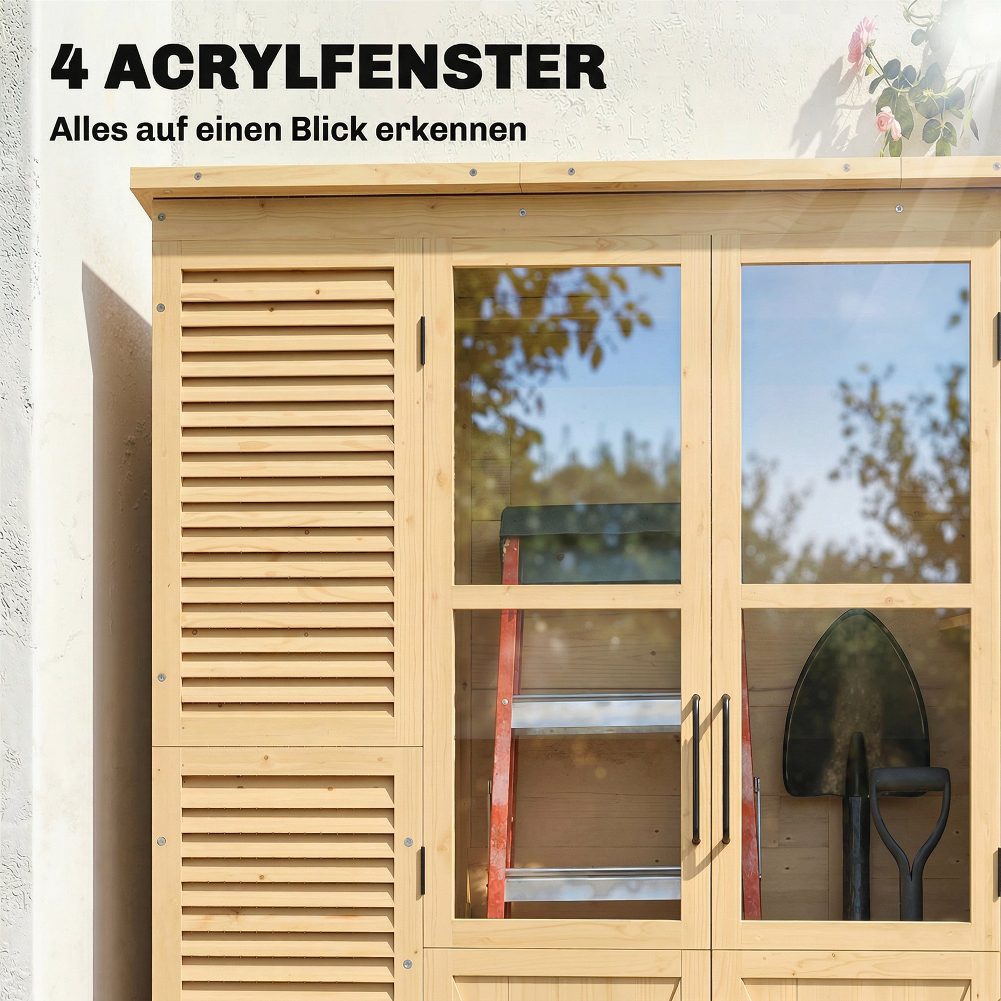Gartenschrank Holz Begehbarer Geräteschuppen mit Ablage Acrylfenstern Doppeltür Asphalt-Dach Lamellenlüftung Bodenplatte