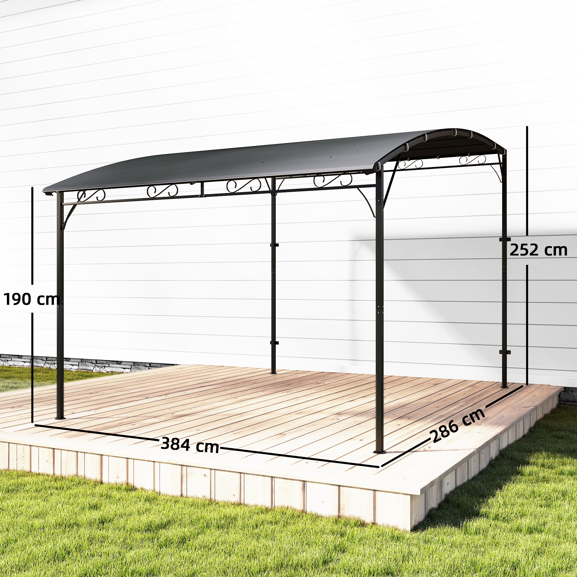 Anbaupavillon Pergola mit Metallgestell Dach, wetterfest wandmontiert Pavillon Vordach 2,86 x 3,84 x 2,52 m Grau