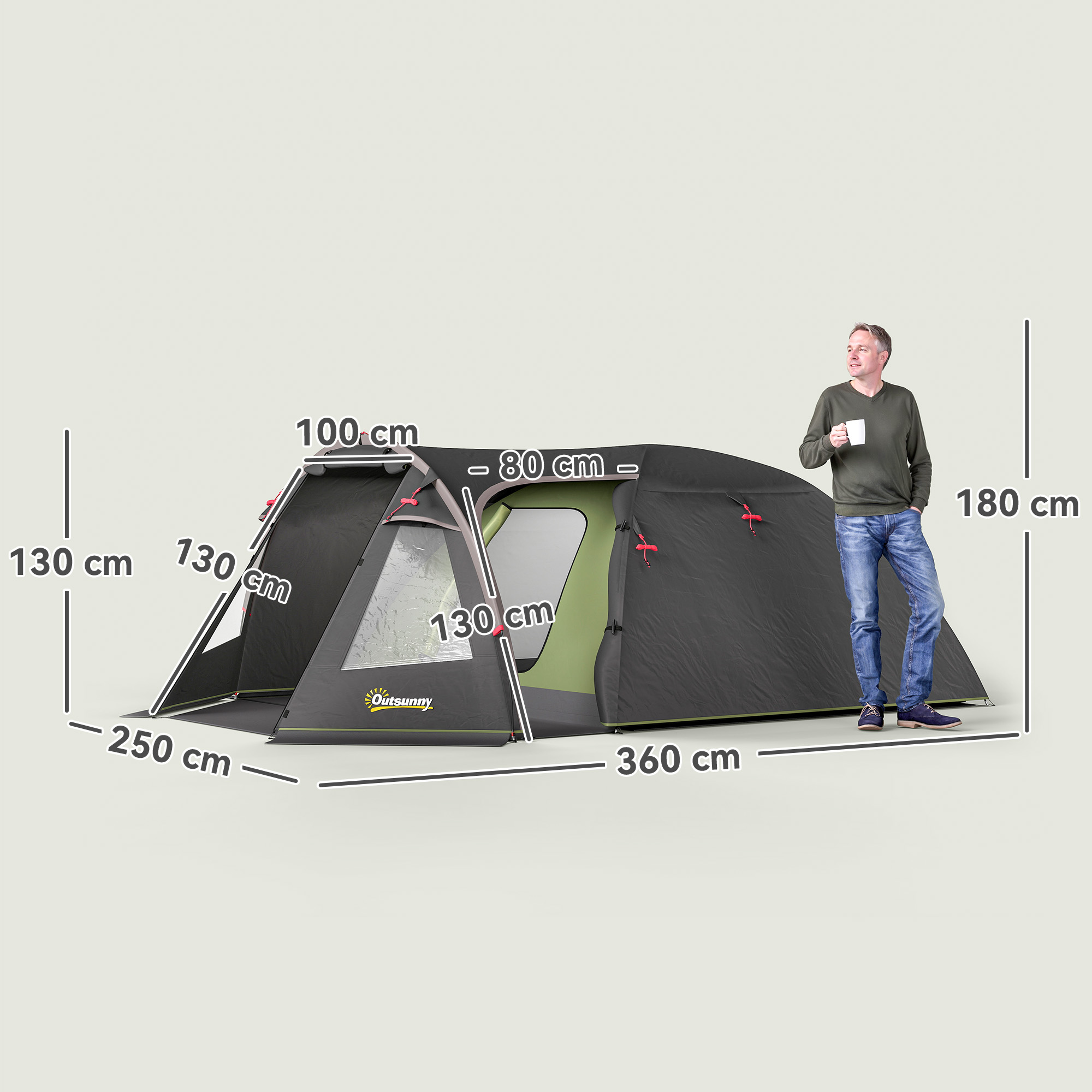 Tunnelzelt für 4 Personen leicht, stabil wasserdicht UV 50+ Campingzelt mit Vordach Doppeltür Schwarz
