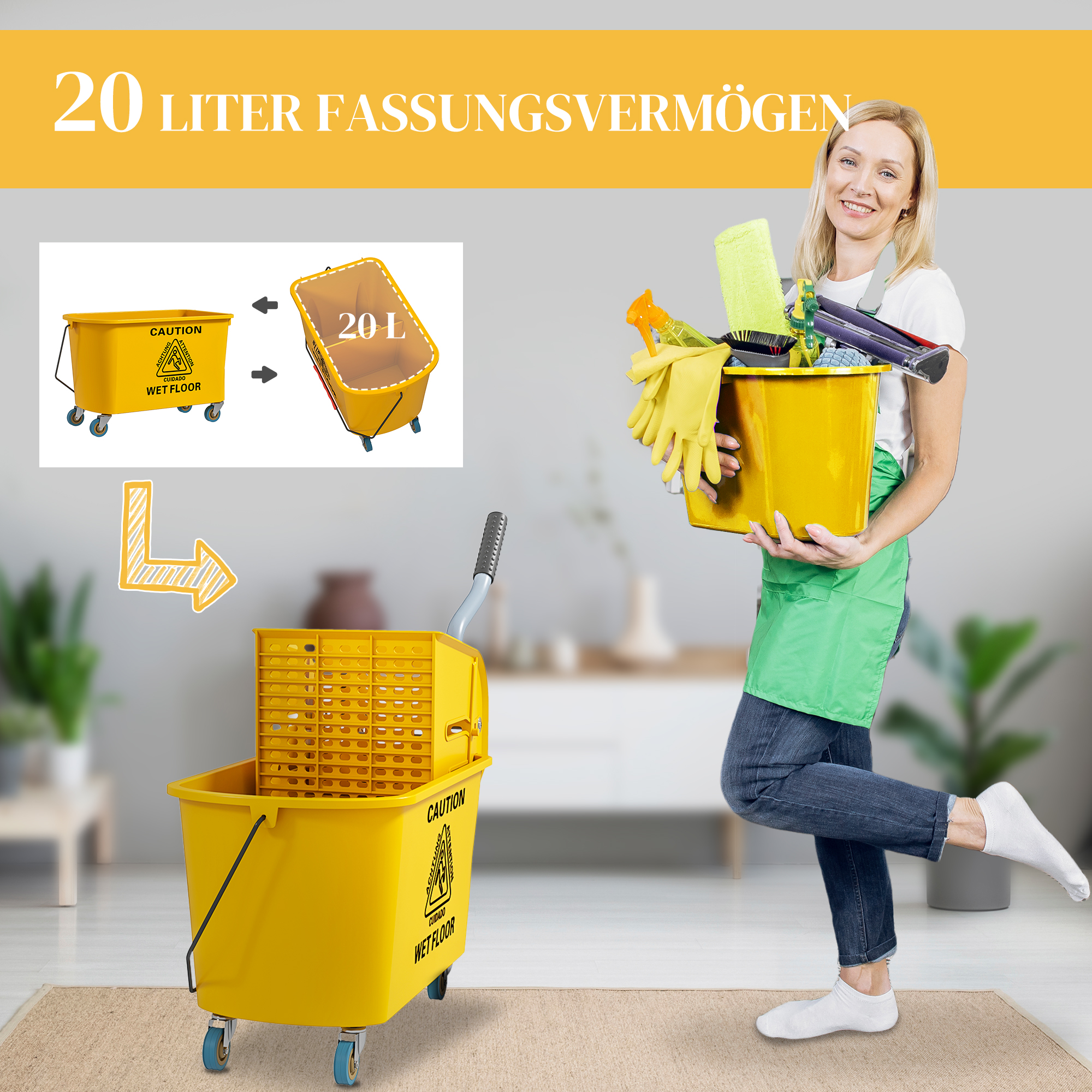 Reinigungswagen 20L Putzwagen mit Presse und Kehrgarnitur, Eimer inkl. Mopp, Rolle