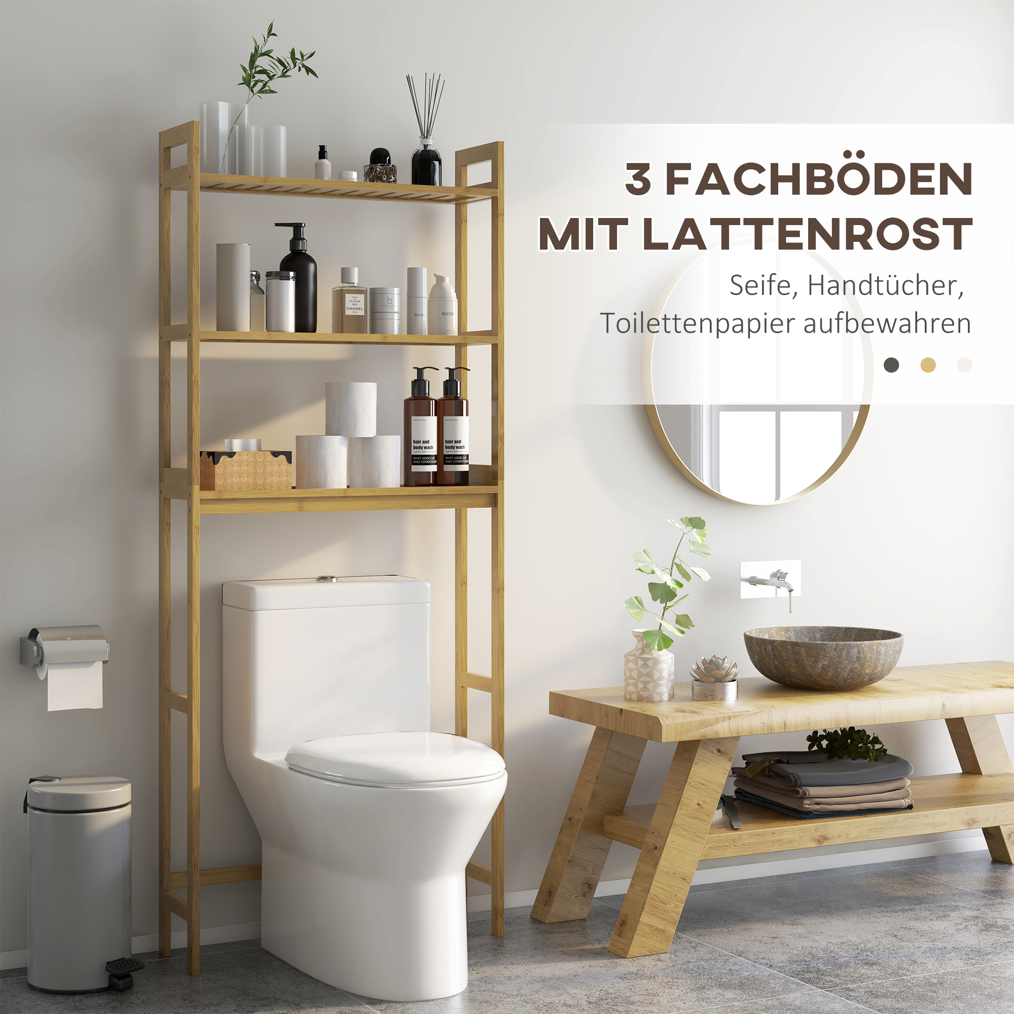 Badezimmerregal Badregal Toilettenregal, 3 Regale, wasserbeständig, 68 cm x 20 cm x 165 cm, Natur