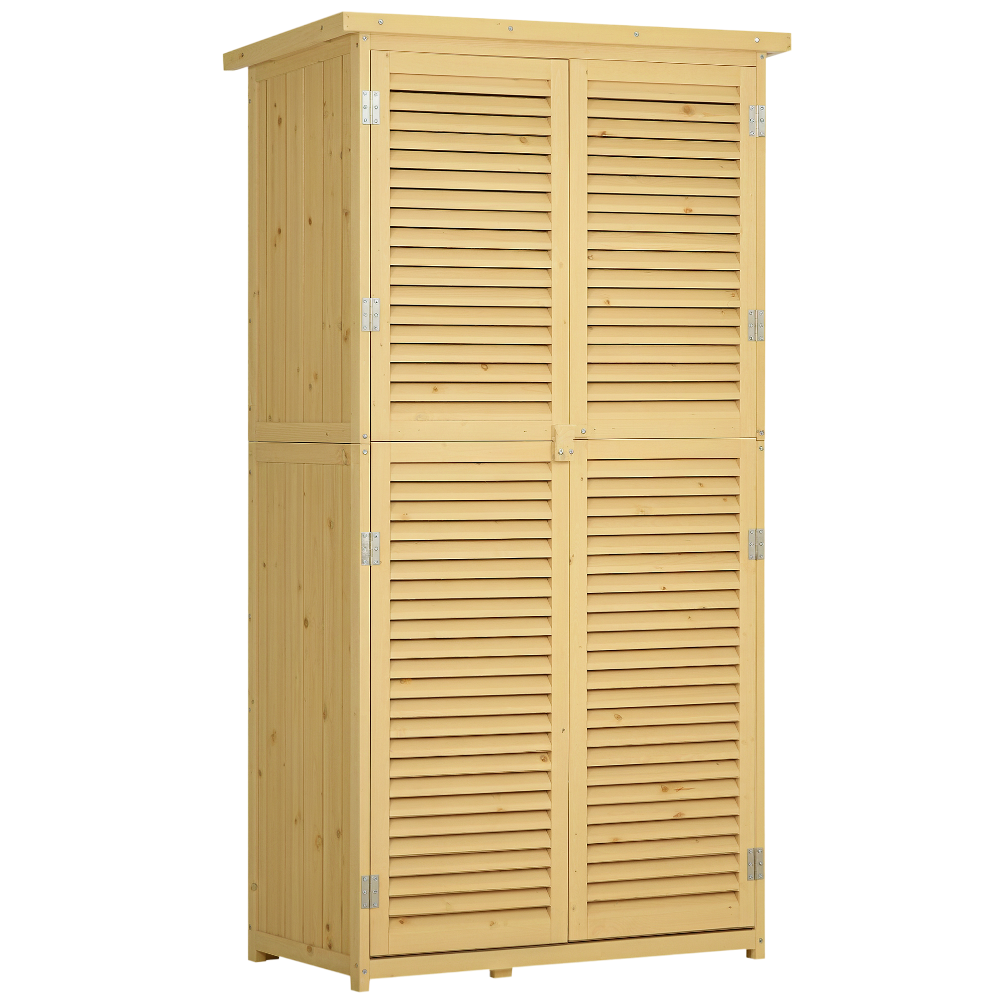 Gartenschrank Holz Geräteschuppen Gerätehaus mit Asphaltdach Lamellentür Geräteschrank Schuppen Garten 4 Fächer Naturholz 87 x 46,5 x 160 cm