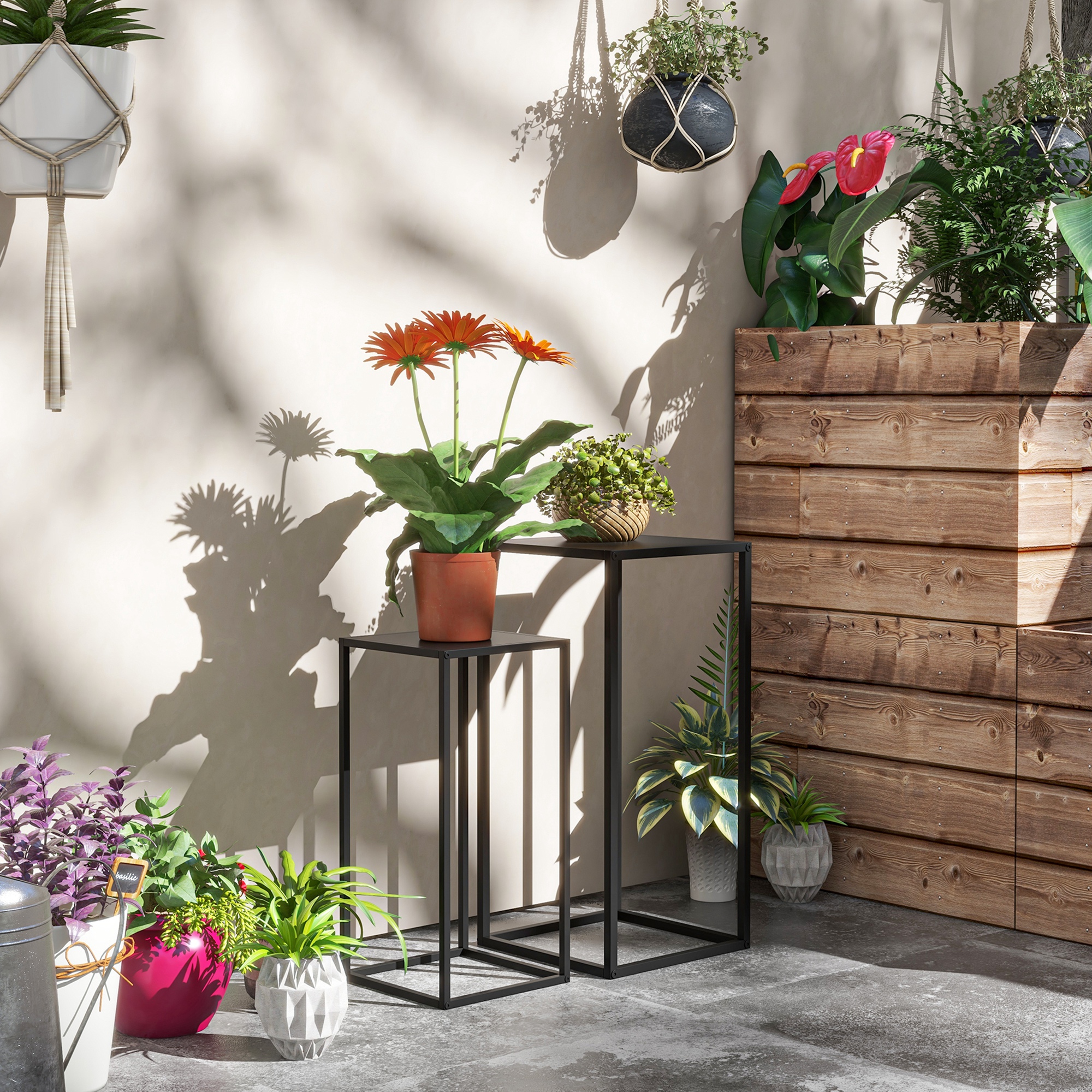 Blumenständer, 2er-Set, Skandinavisches Design, Metallrahmen, 58,5/65cm Höhe, Schwarz