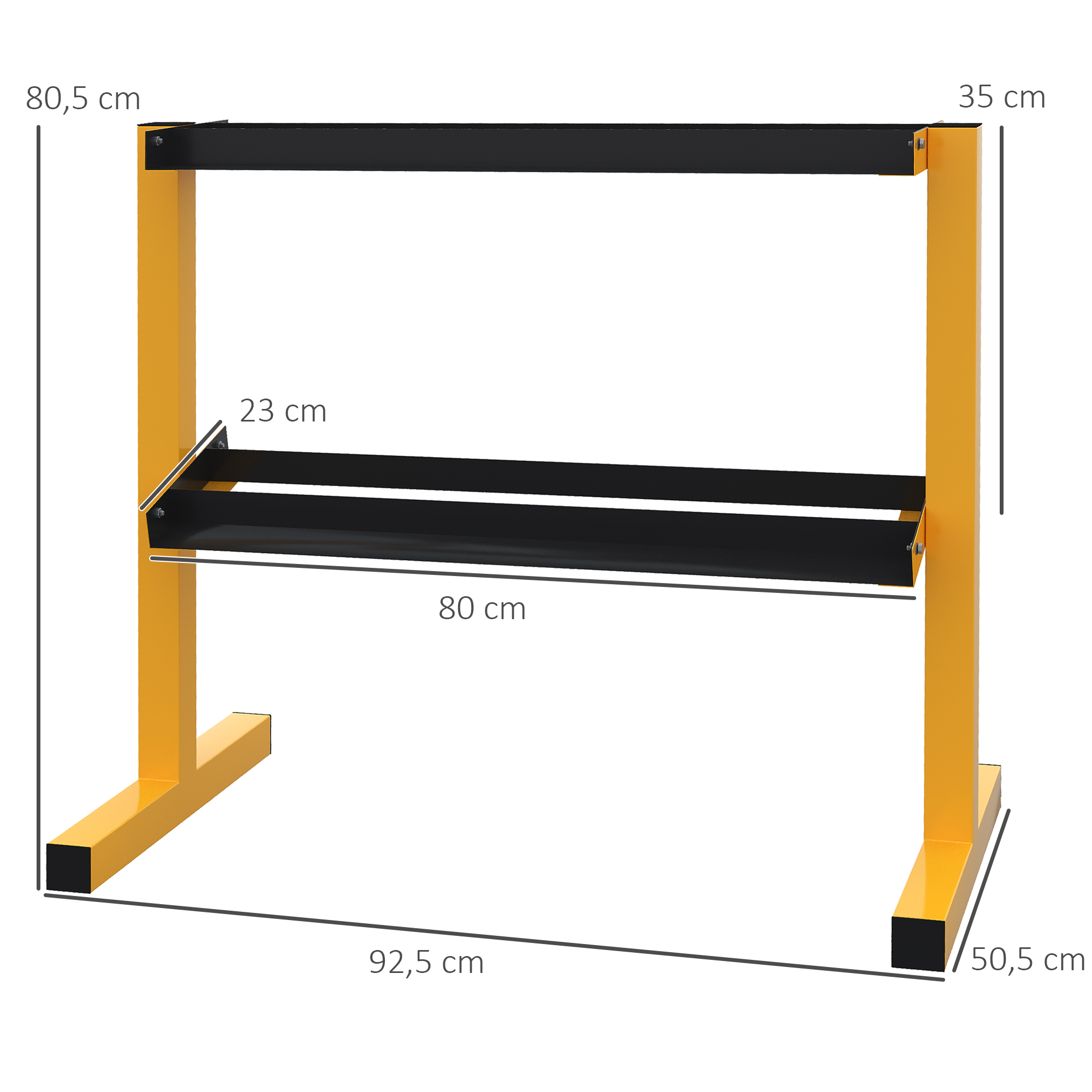 Hantelablage für Kurzhanteln, bis 270 kg, 2 Ablagen, Stahlrahmen, gelb, 92,5 x 50,5 x 80,5 cm