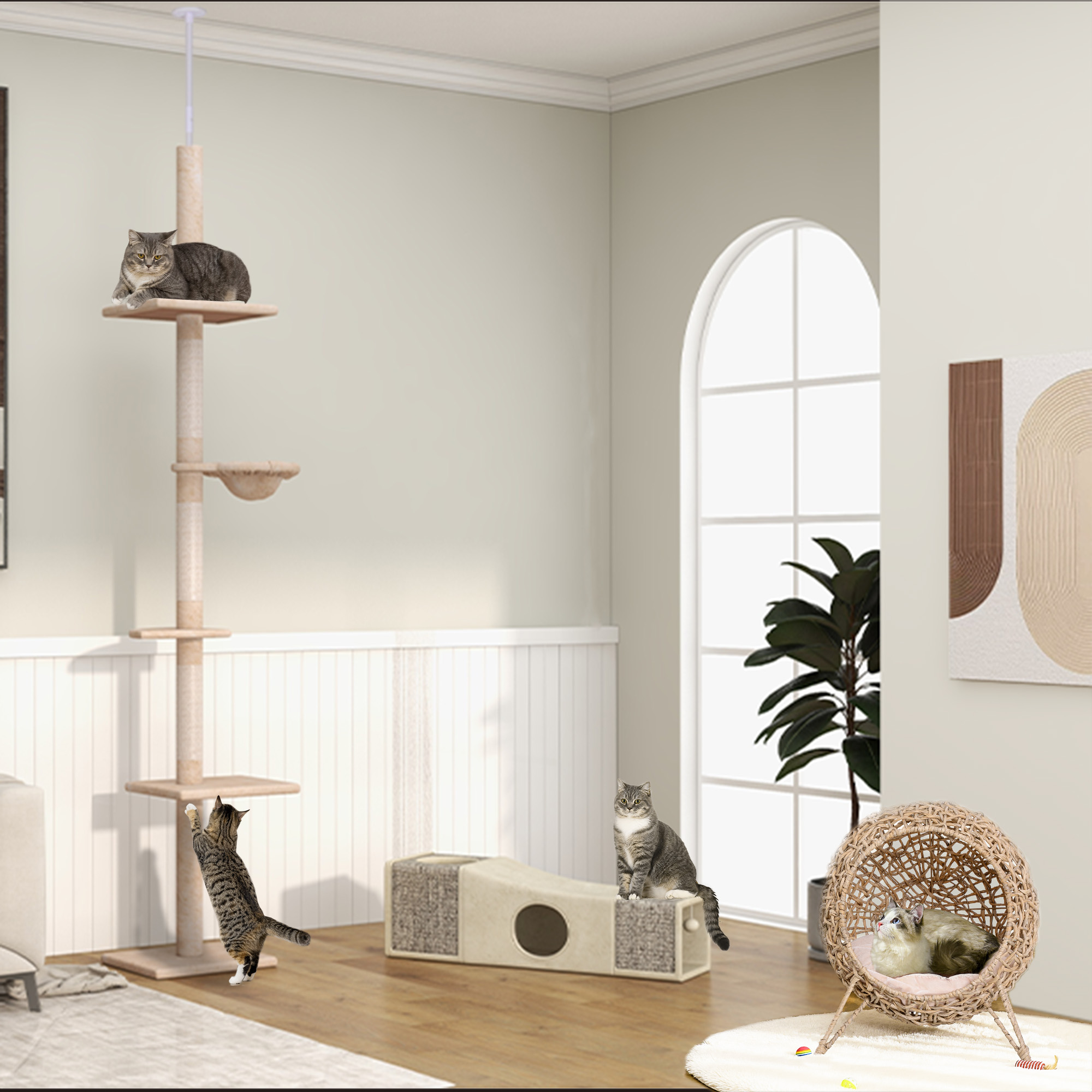 Katzentunnel, 2 Katzenhöhlen, Kratzflächen und Ballspielzeug, 98 cm x 30 cm x 30 cm, Braun + Beige