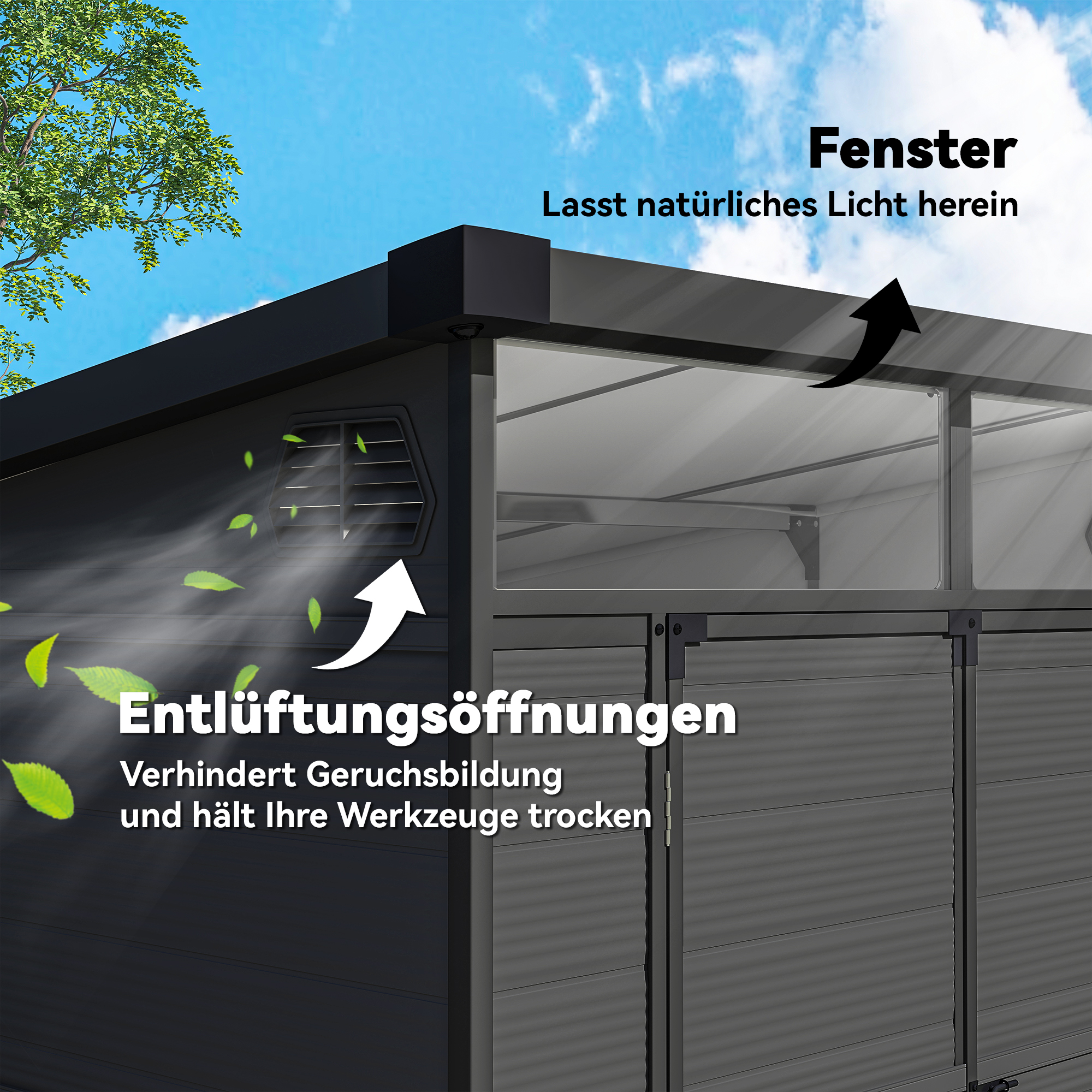 1,9 x 1,9  m Gartenschuppen, Werkzeugschuppen aus Kunststoff , verschließbare Türen, 2 Lüftungsöffnungen, Dunkelgrau