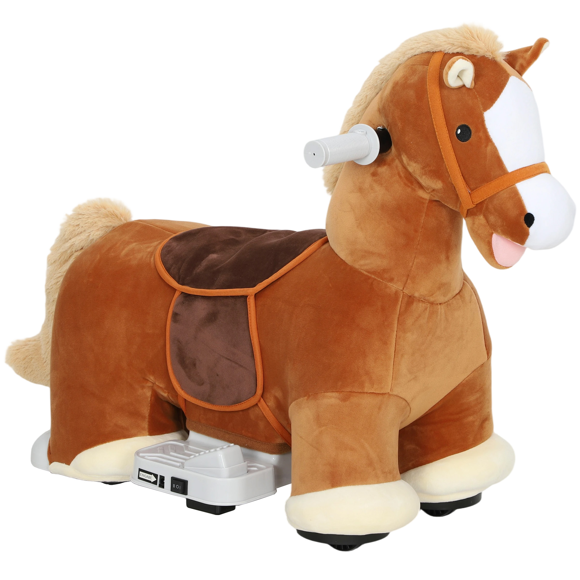 fahrbares Reitpferd für Kinder, weicher Bezug, Batteriebetrieb, Musik, Räder, 1,5-5 Jahre, Braun