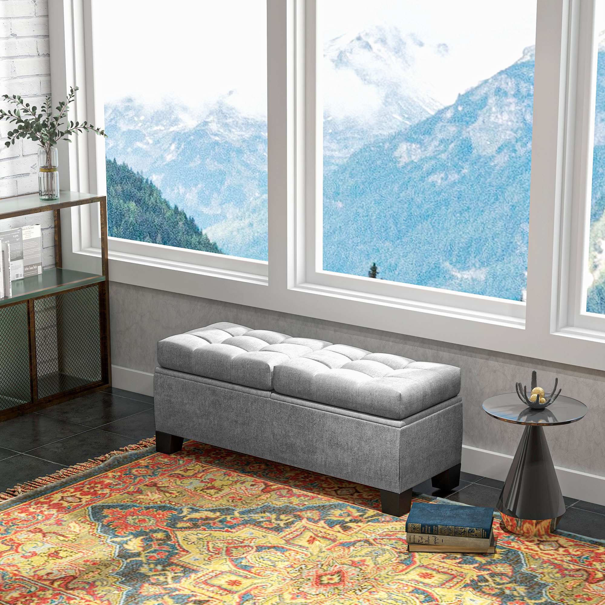 Sitzbank mit Stauraum, Polsterbank mit Leinenoptik, Gepolsterte Aufbewahrungsbox bis 180kg belastbar, für Flur, Schlafzimmer, Wohnzimmer, 116x41x47 cm, Grau