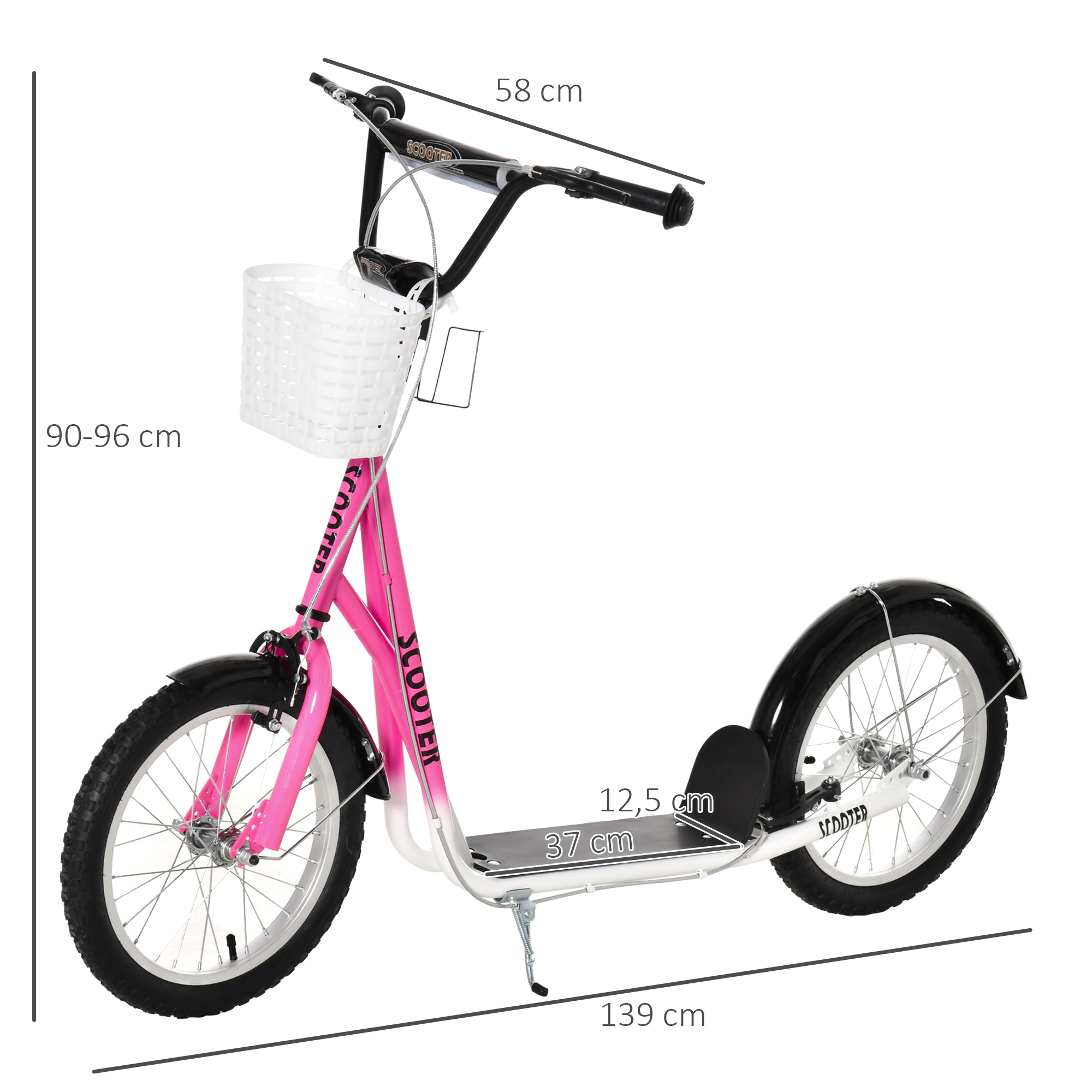 Kinderroller Tretroller mit Bremse, inkl. Korb, höhenverstellbar, für Kinder von 5 bis 12 Jahren, Weiß + Pink