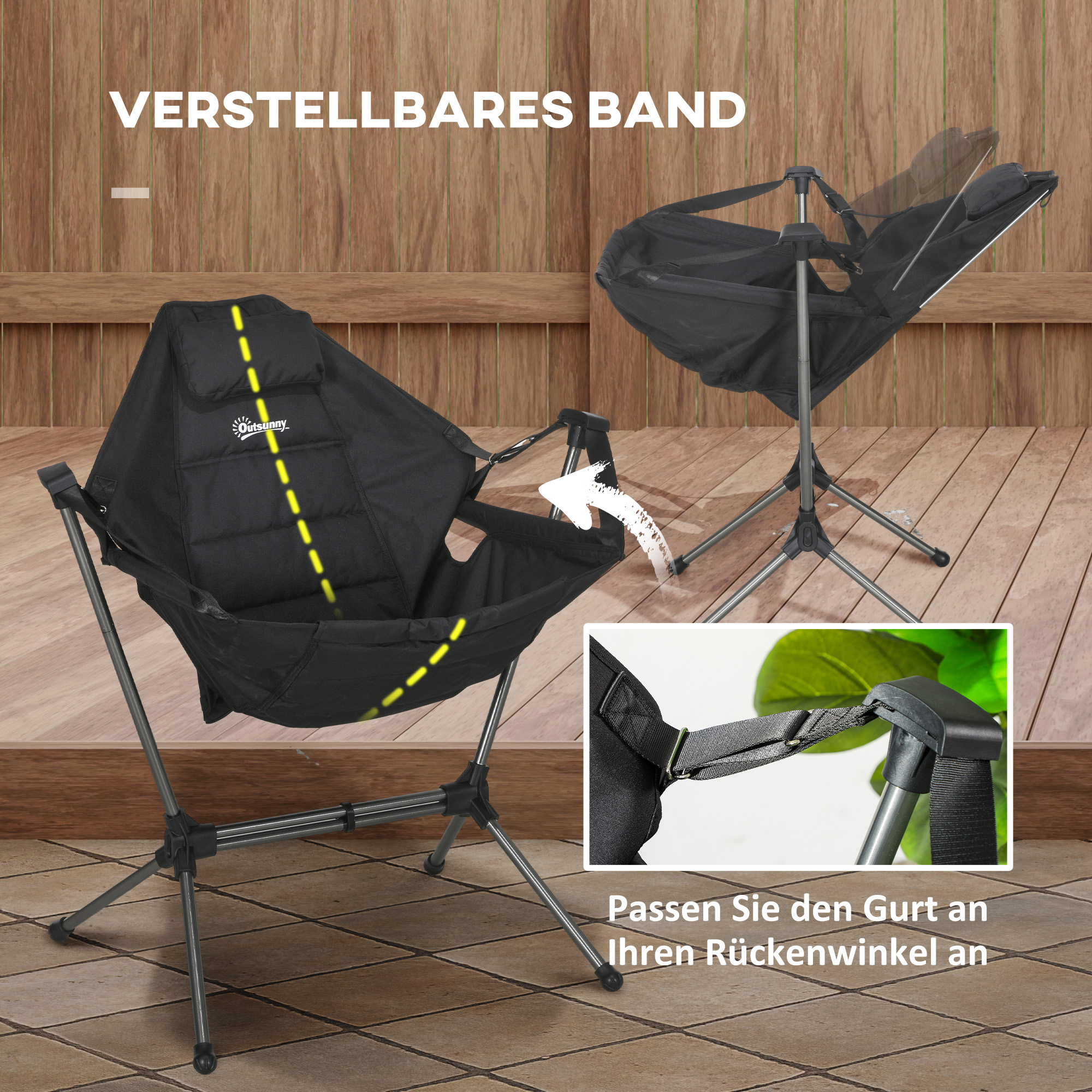 Camping-Schaukelstuhl, faltbar, verstellbare Rückenlehne, Aluminiumrahmen, 54 x 100 x 101cm, Schwarz
