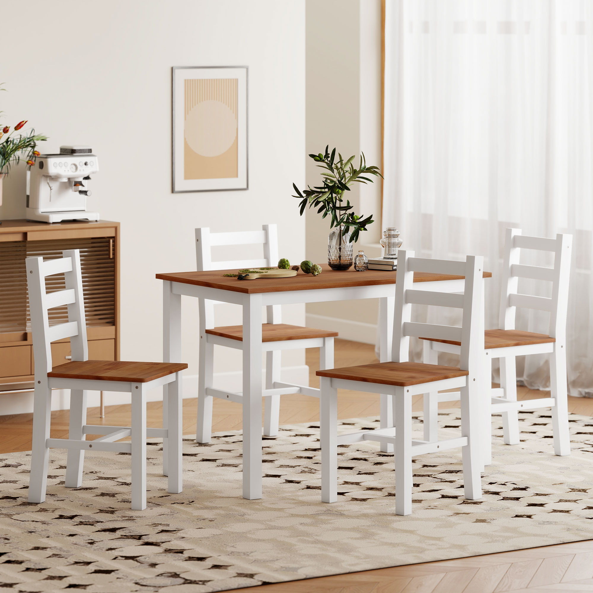 Essgruppenset, Esstisch, 4 Stühle, Esszimmerset, Kiefernholz, Braun+Weiß