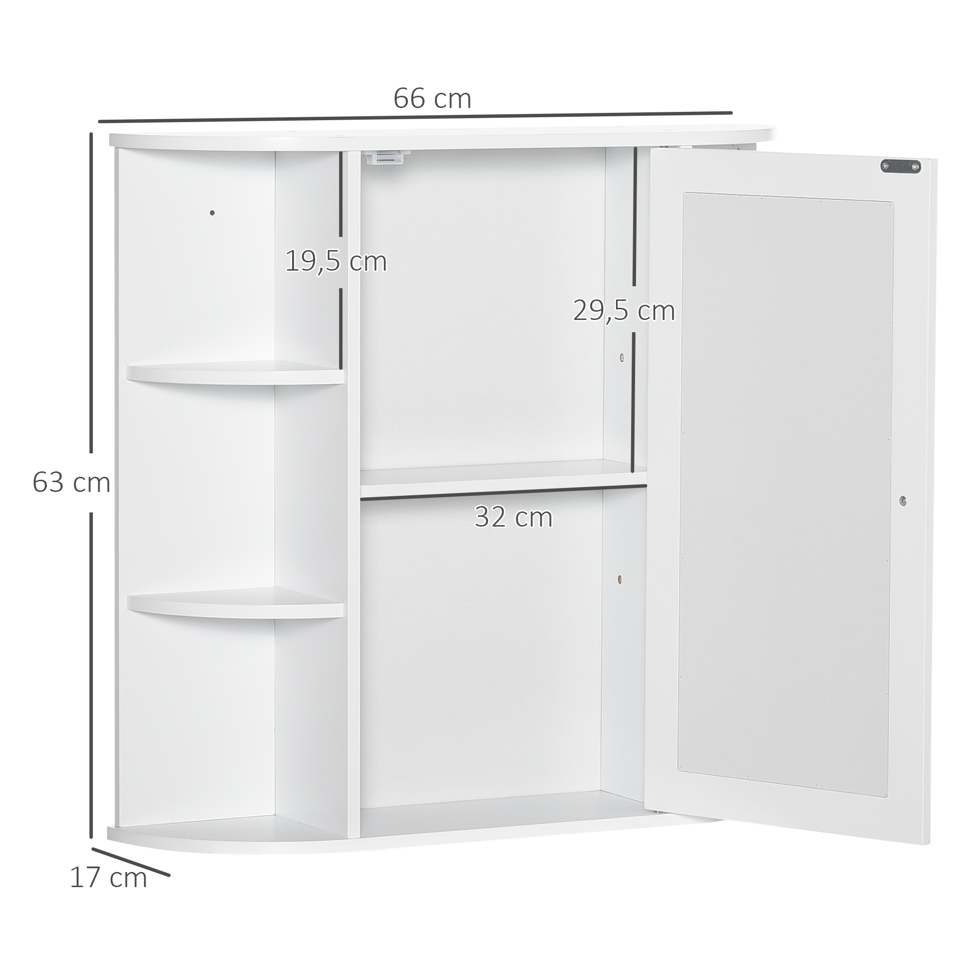 Spiegelschrank Badschrank Badezimmerschrank, 8 Fächer, Spiegeltüren, wasserbeständig, 66 cm x 17 cm x 63 cm, Weiß