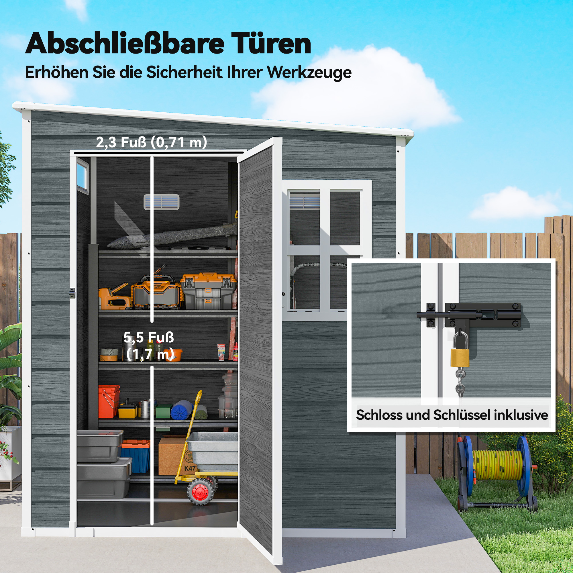 Gerätehaus 2,89 m² Geräteschuppen mit Holzoptik 3 Fenster Belüftung Boden Schloss Handschuhe 182 x 182 x 196 cm
