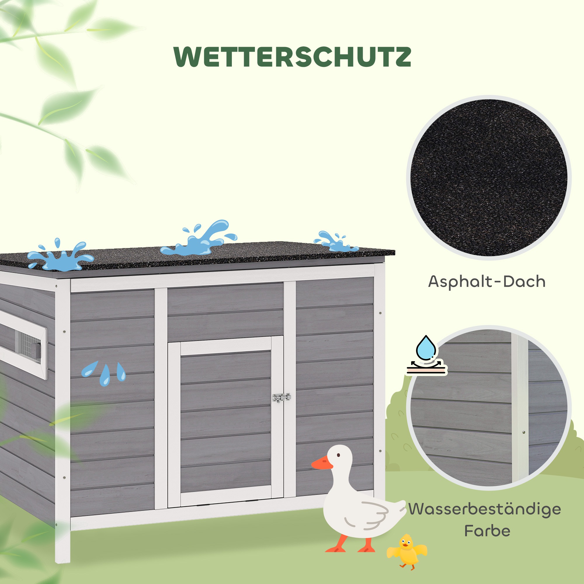 Entenstall wetterfest Entenhaus aus Holz mit herausnehmbar Boden Schiebefenster aufklappbar Asphaltdach 93x70x72cm Grau
