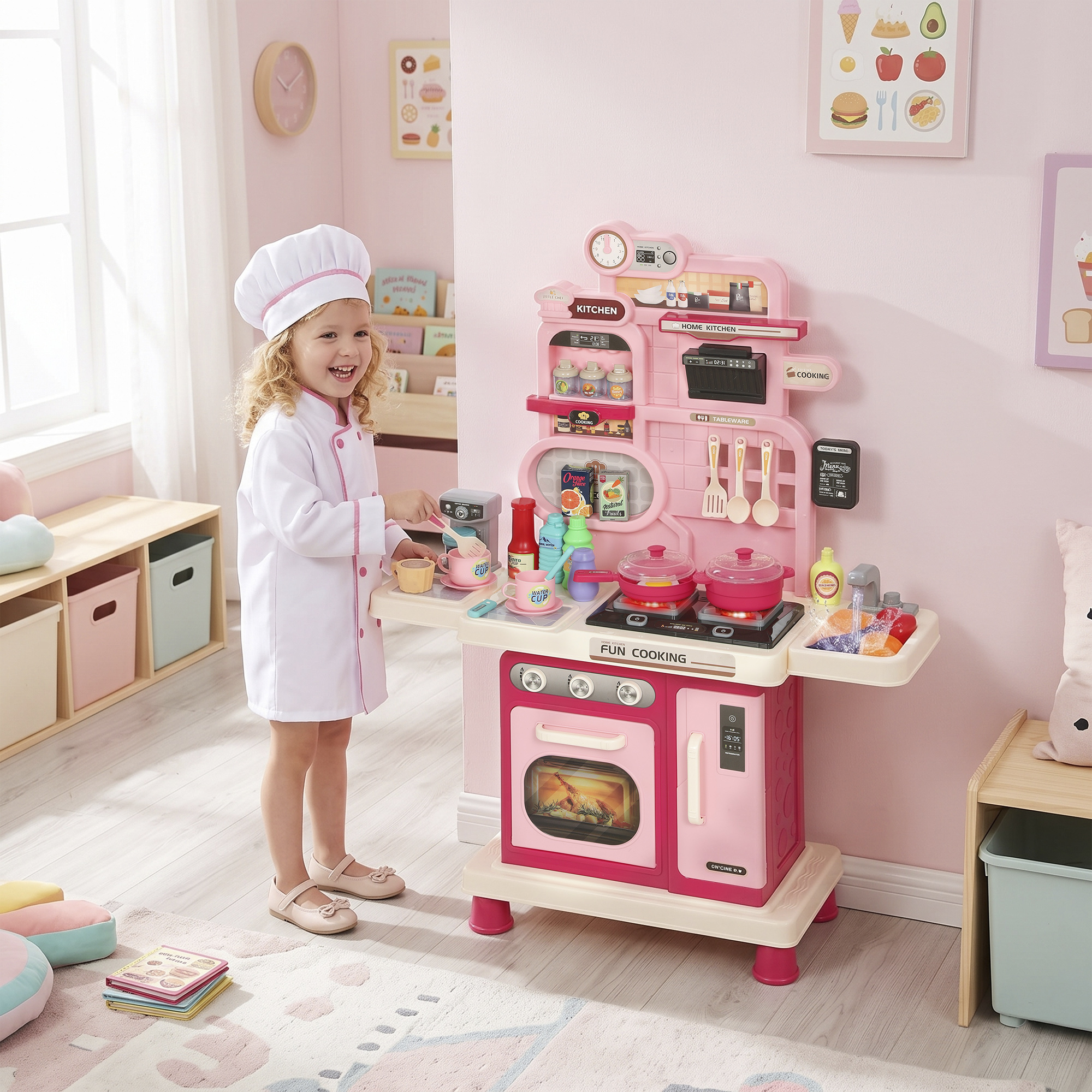 Kinderküche Kinder 33-teilig Spielküche Zubehör mit Licht, Sound, Stauraum, Spielspüle, Herd und Backofe 3-6 Jahren
