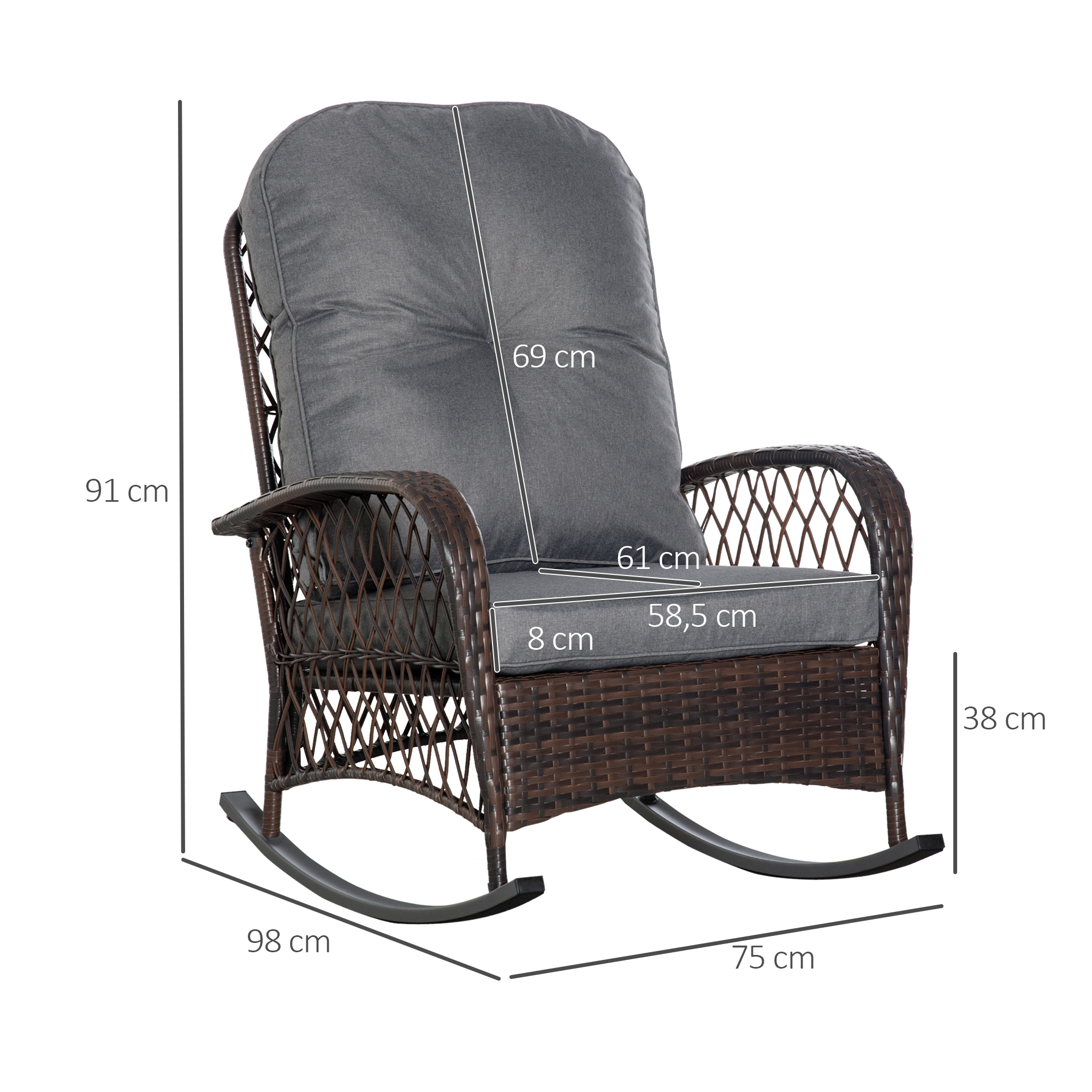 Schaukelstuhl Polster mit Knopfheftung PE-Rattan Stahl Braun + Grau