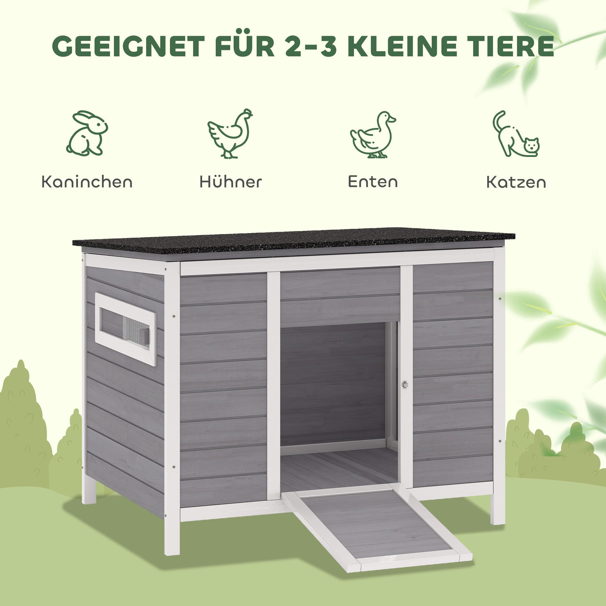 Entenstall wetterfest Entenhaus aus Holz mit herausnehmbar Boden Schiebefenster aufklappbar Asphaltdach 93x70x72cm Grau