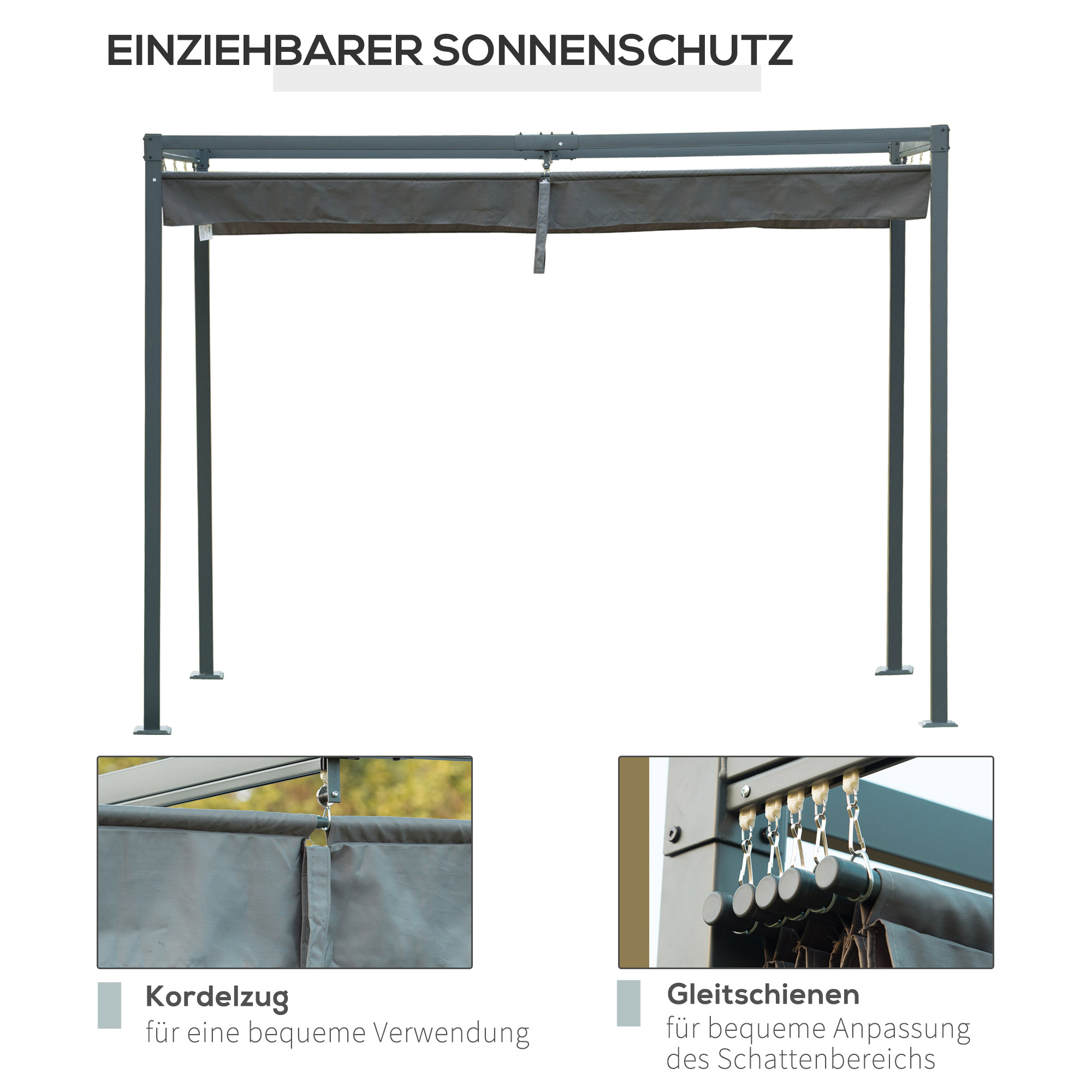 Pergola 3x2m Garten Pavillon, Terrassendachung aus Metall, Gartenpavillon mit verstellbares Dach, Freistehend, Sonnenschutz für Terrasse und Garten, Grau