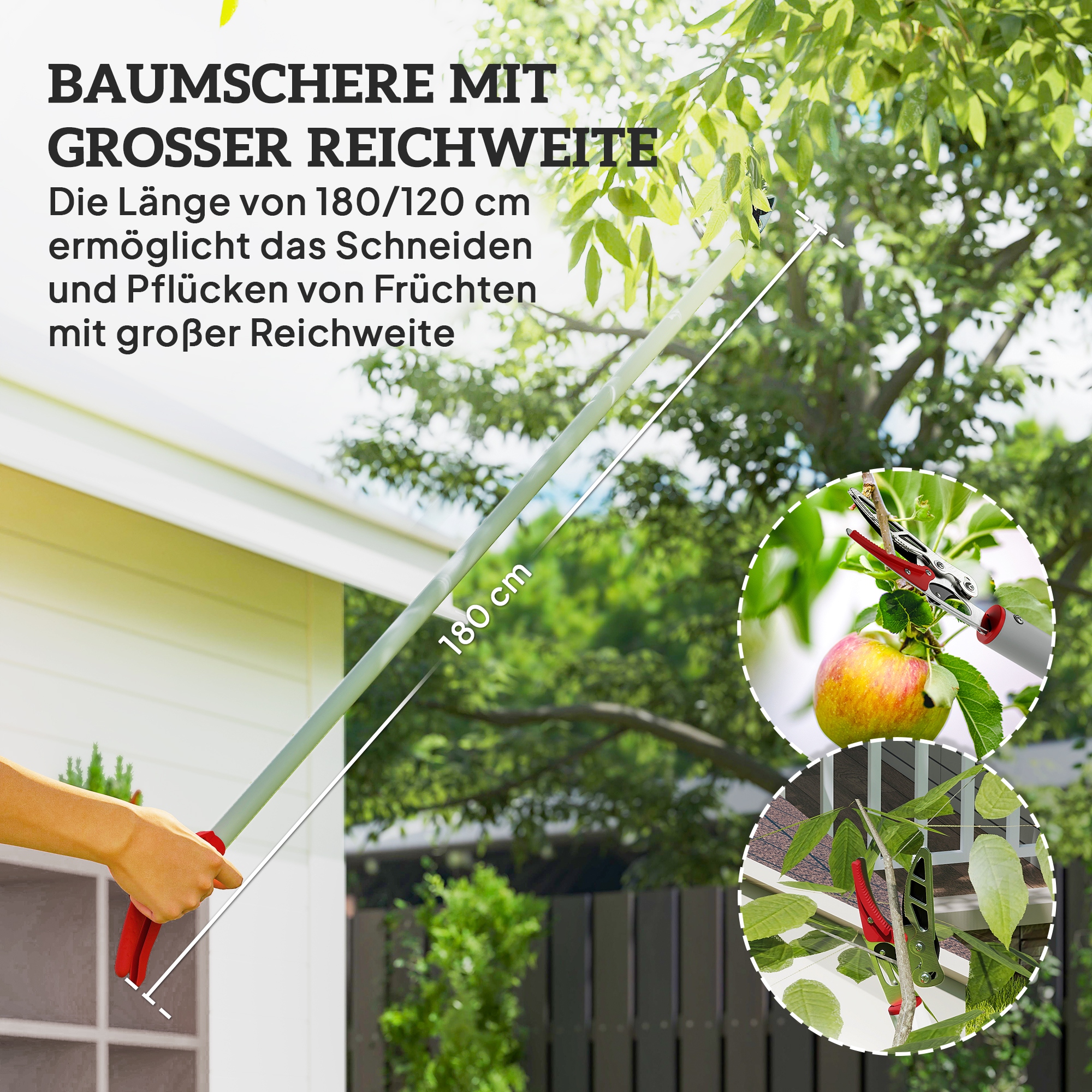 1,8 m Baumschere, Astscheren zum Schneiden, Gartenschneider mit Aluminiumgriff, Langstielige Gartenschere, Rot