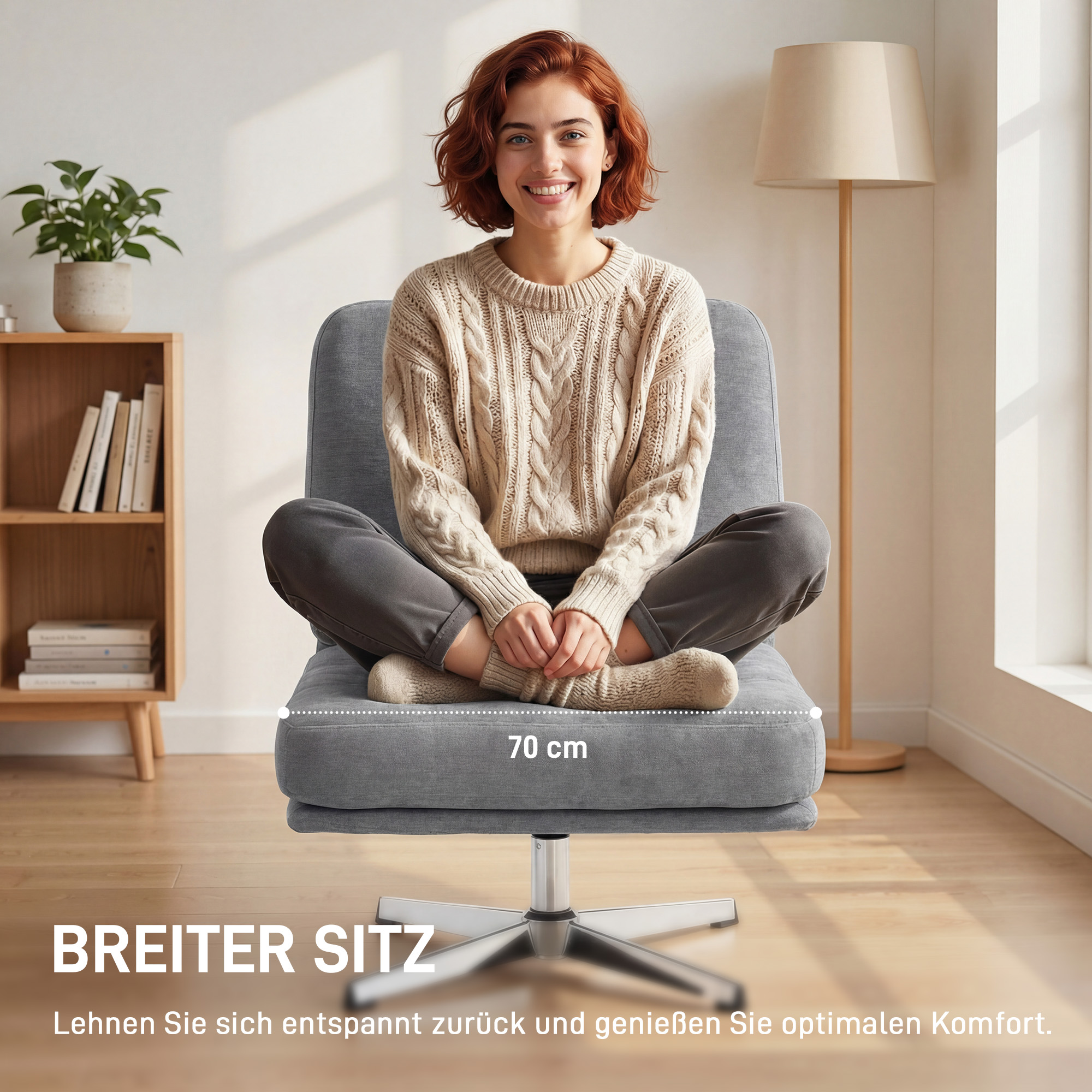 Drehbarer Akzentstuhl, gepolsterter Lesesessel mit Chenille, breitem Sitz, Federkissen und Metallbeinen, Hellgrau