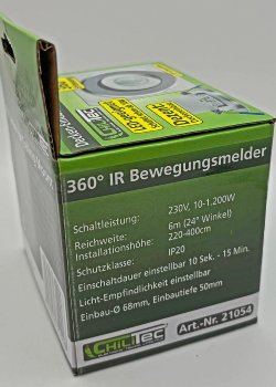 Decken-Einbau-Bewegungsmelder 360° Alu / PIR Sensor, 6m, schwenkbar, silber