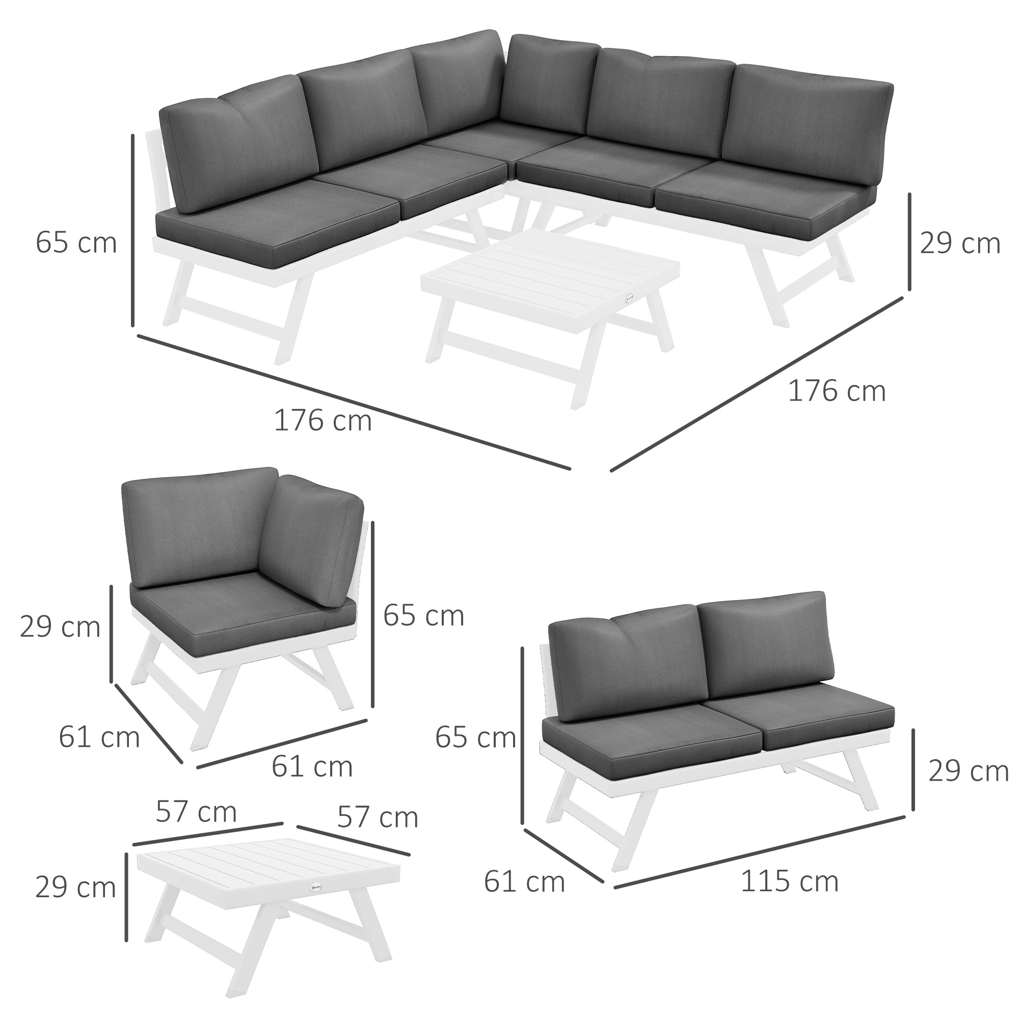 4-teilige Gartensitzgruppe Loungemöbel-Set 4-teilig, 115 cm x 61 cm x 65 cm, Grau + Weiß