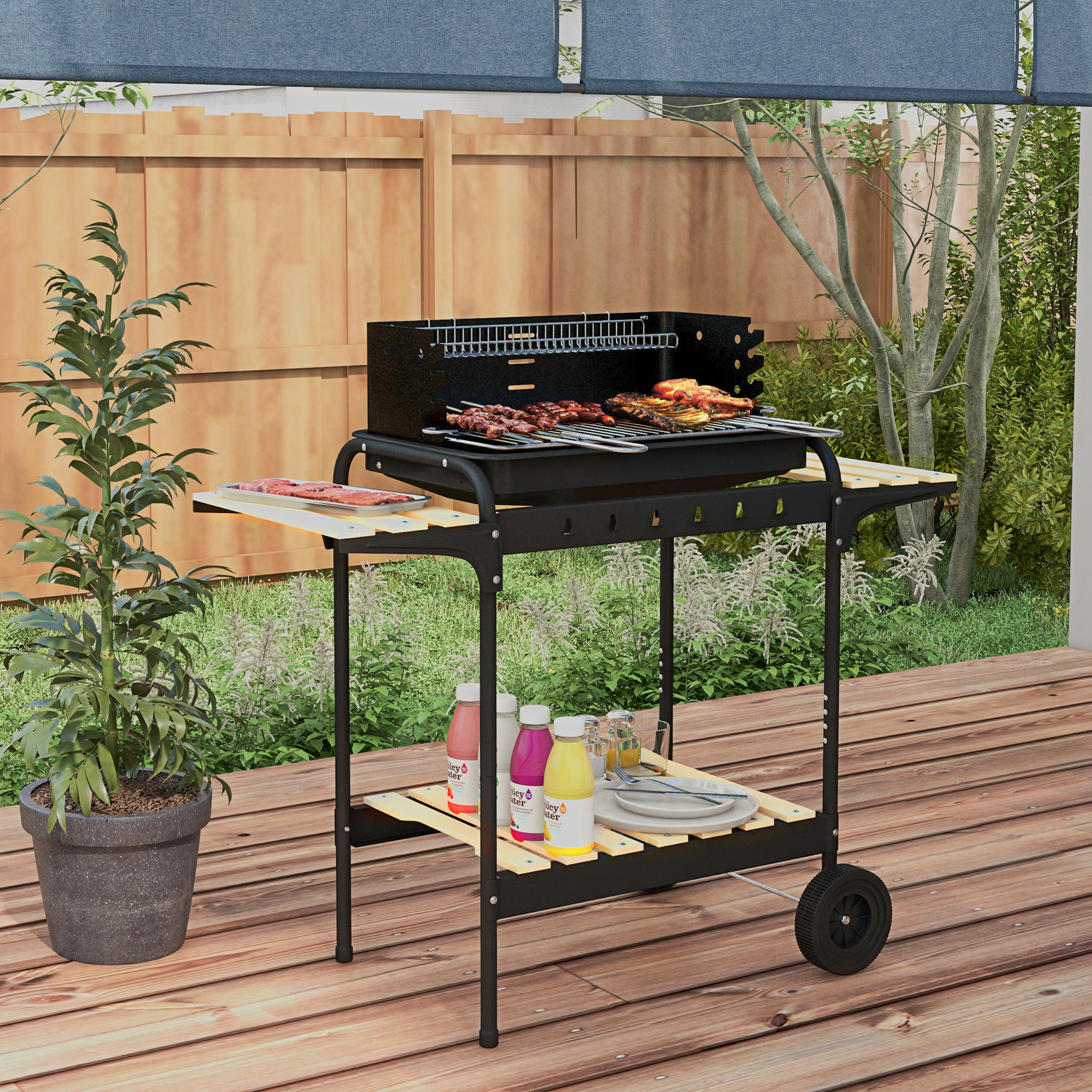 Holzkohlegrill aus Metall BBQ Smoker mit Räder, höheverstellbar Grillrost, Holzablage 103x47x95 cm Schwarz