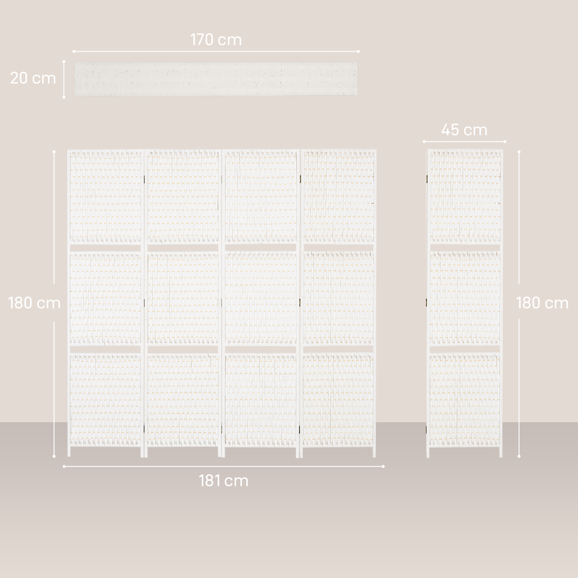 Paravent 4-teilig 181 x 180 cm Faltbar Raumteiler mit 2 Regalen aus Kiefernholz, Bambus für Schlafzimmer, Weiß