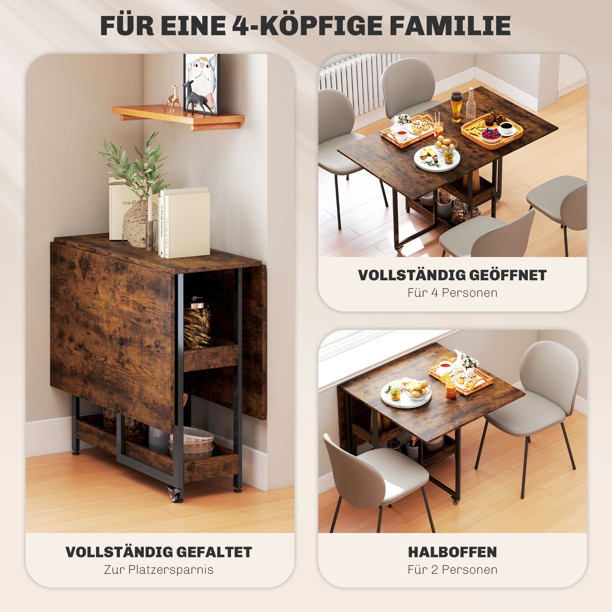 Klappbarer Esstisch im Industriedesign, für bis zu 4 Personen, offene Regale, flexibel, Metall, Spanplatte, Braun