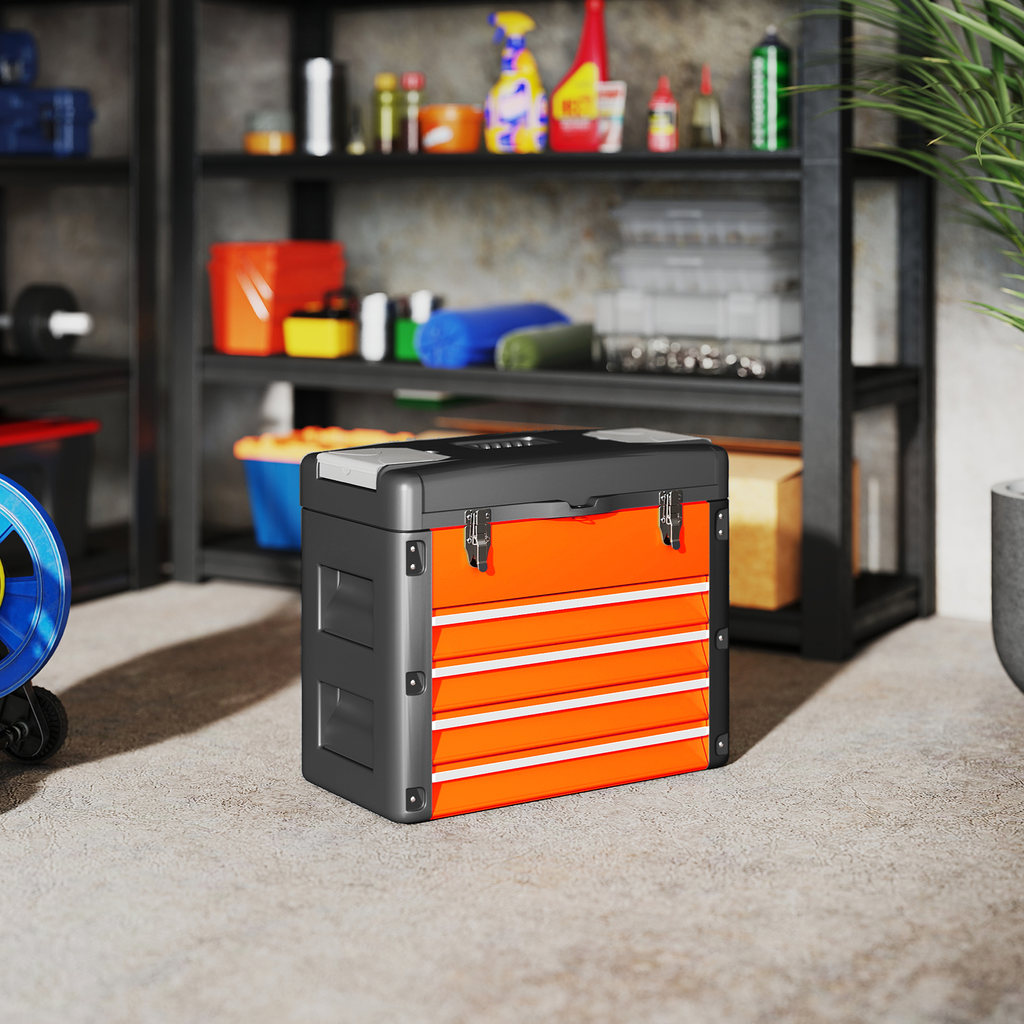 Werkzeugkiste leer, 49,7 x 25,3 x 40,7 cm Werkzeugkasten mit 4 Schubladen, Mini-Box Stahl Orange