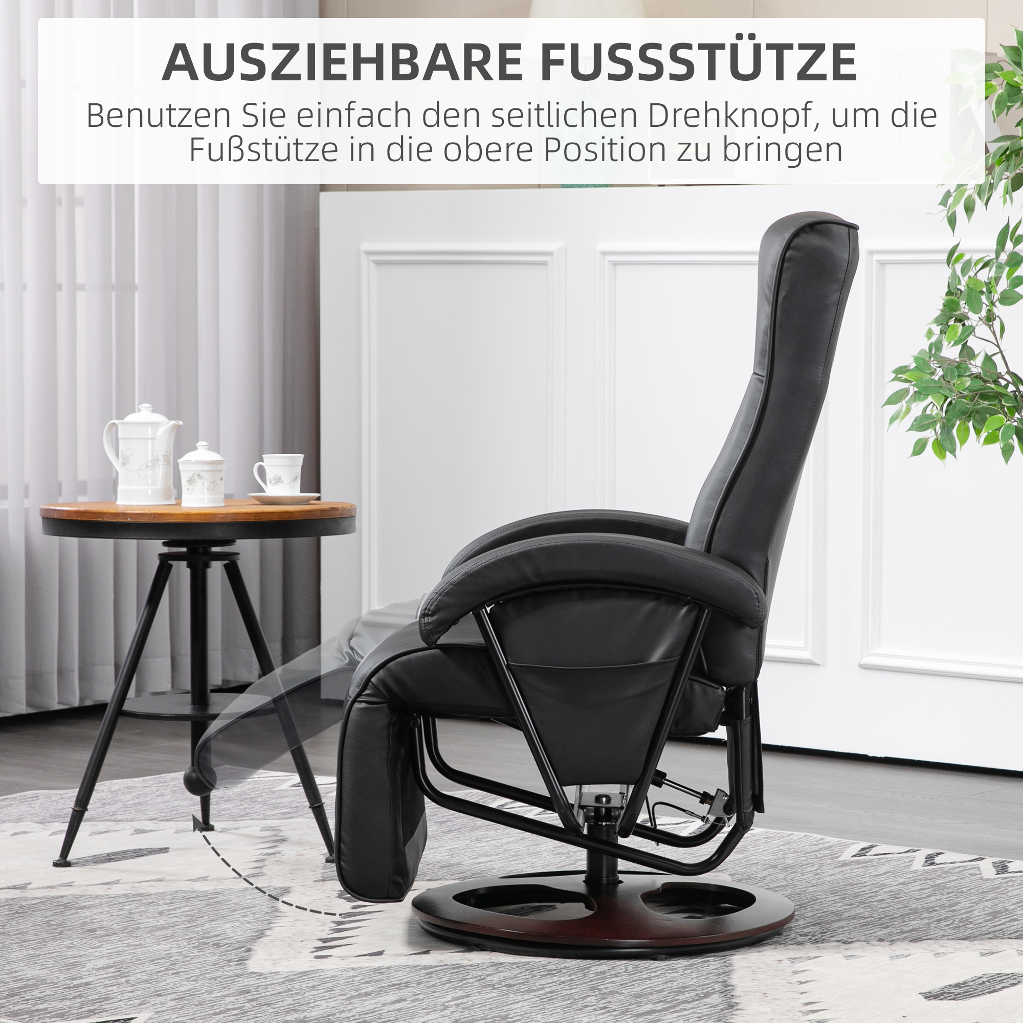 Drehbarer Polsterstuhl, Kunstleder, Fußstütze, Holzbasis, neigbar, Schwarz