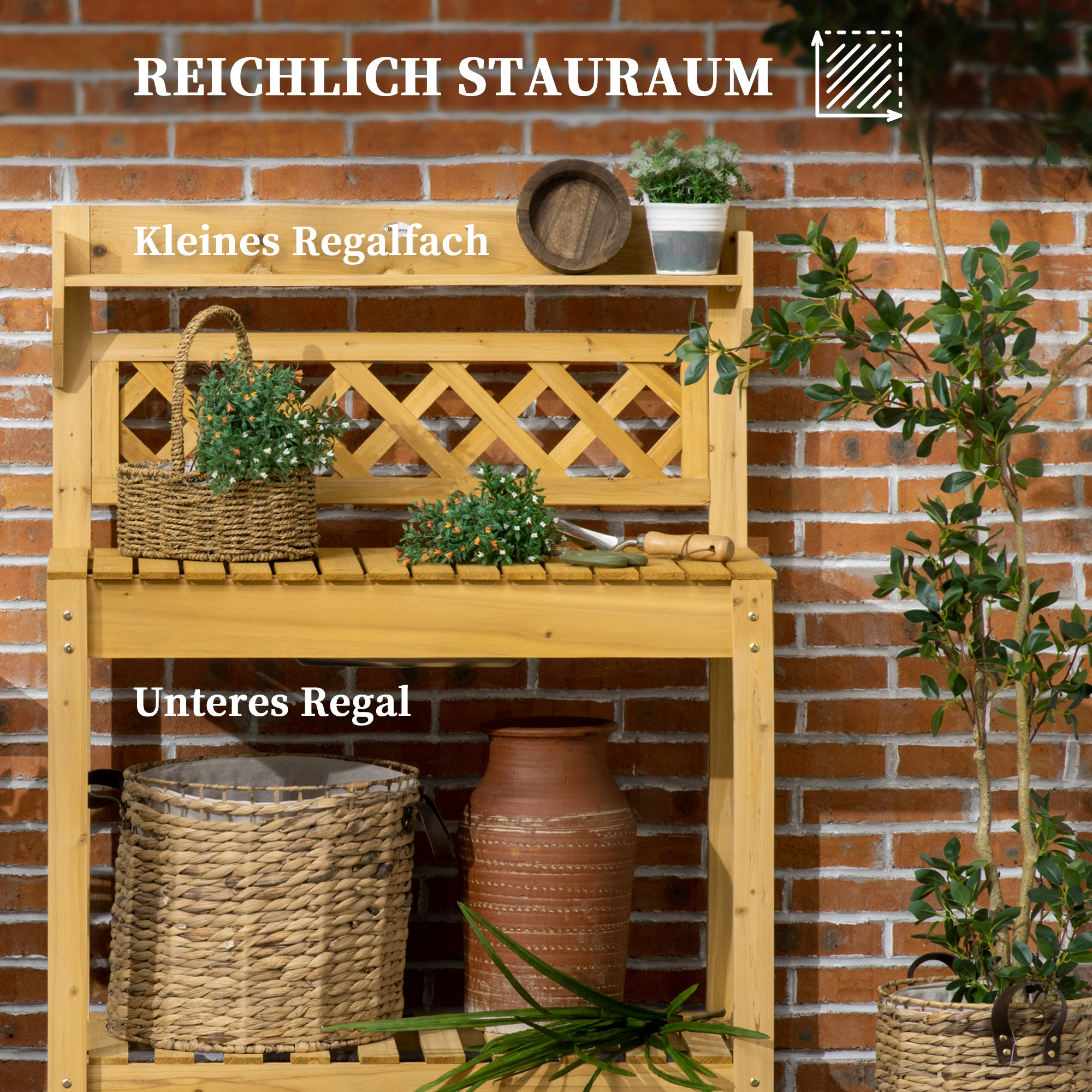 Garten-Arbeitstisch, integriertes Edelstahl-Spülbecken, 2 Ablagen, Massivholz, braun, 92 x 45 x 120 cm