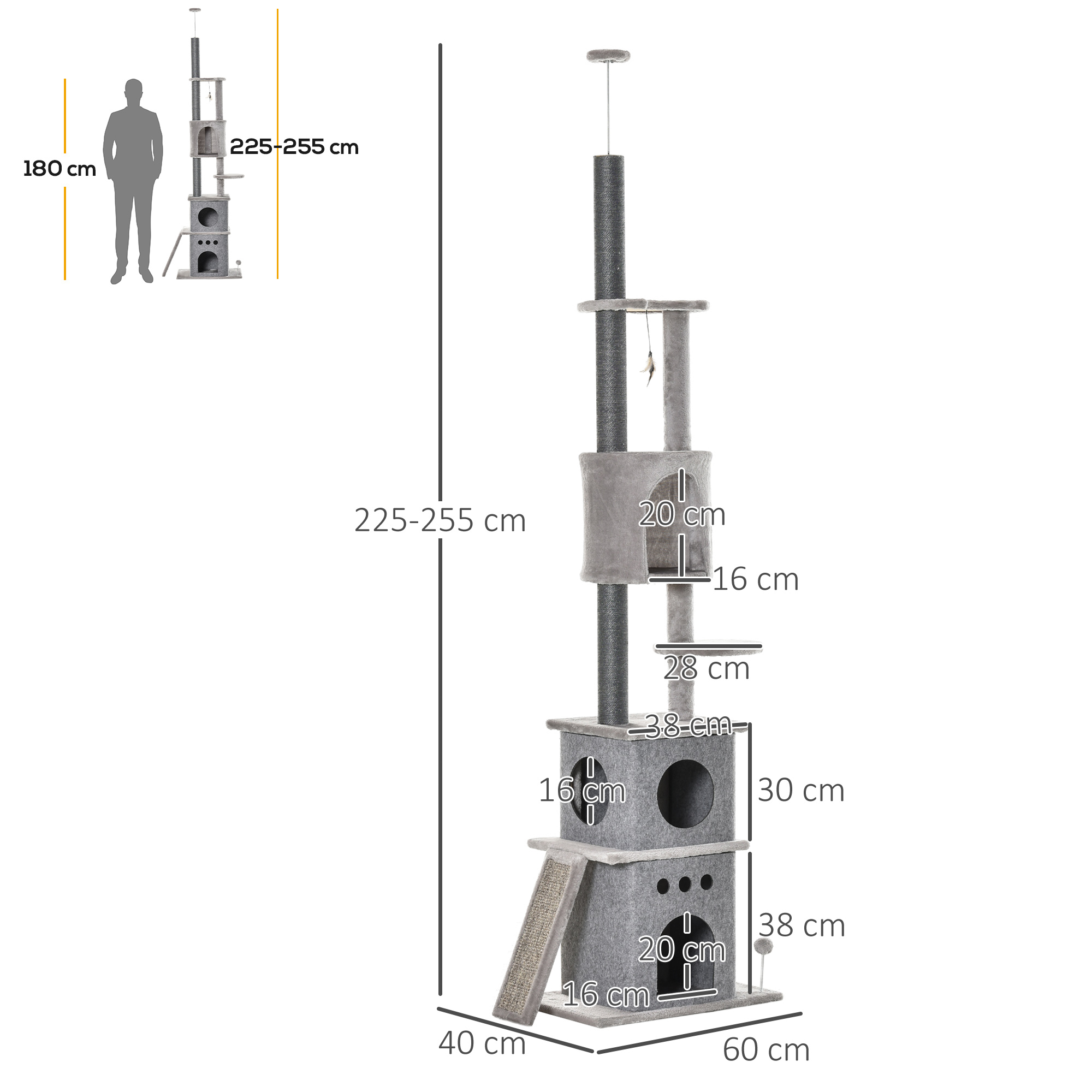 Kratzbaum Deckenhoch Höhenverstellbar 225-255 cm Katzenturm mit 6 Ebenen 3 Höhlen Katzenspielzeug Kratzbrett Katzenkratzbaum für mittelgroße Katzen, Hellgrau