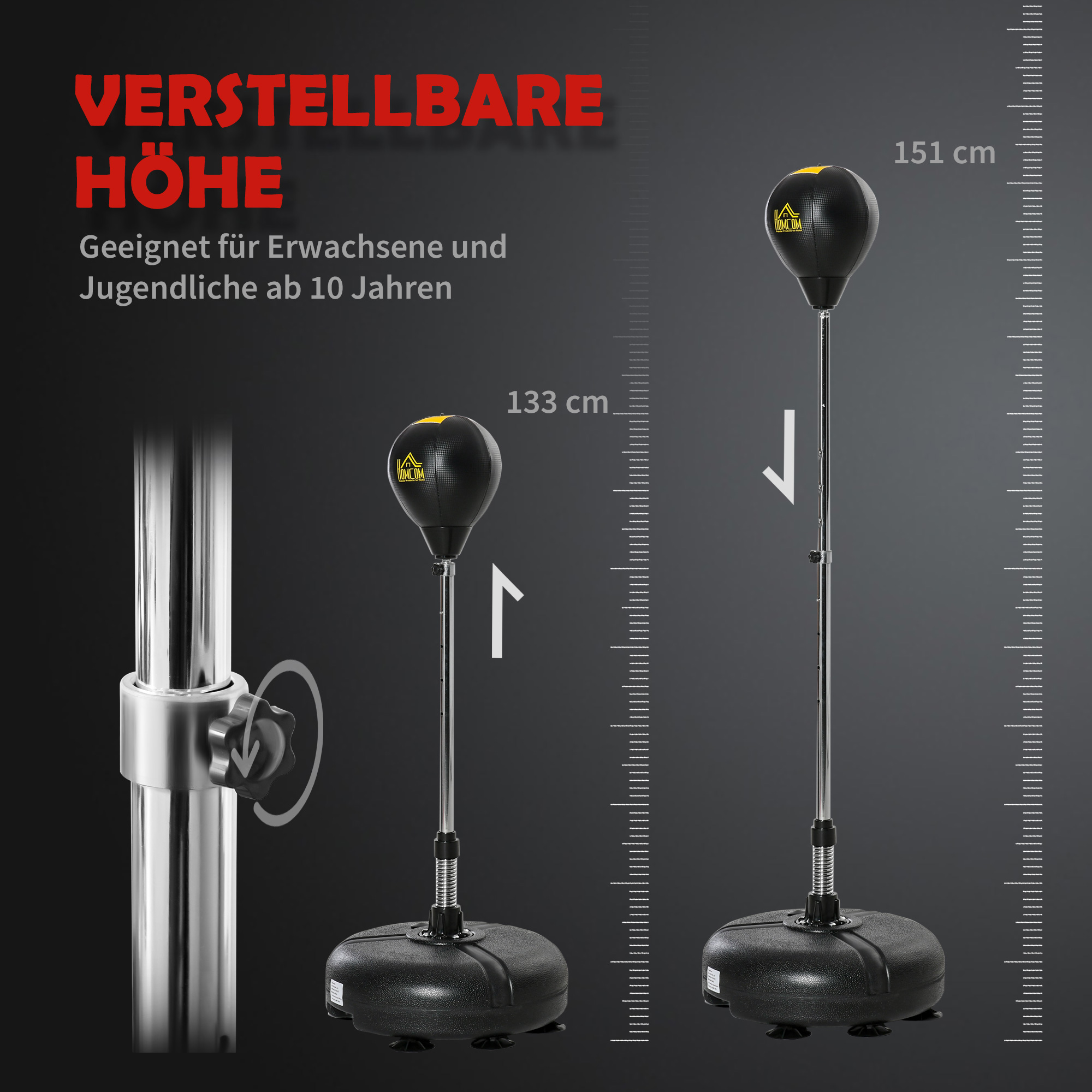 Punchingball Set Standbox Fitness Boxsack Training Set 133-151 cm höhenverstellbar mit 1 paar Handschuhe geeignet für Profis und Anfänger Schwarz