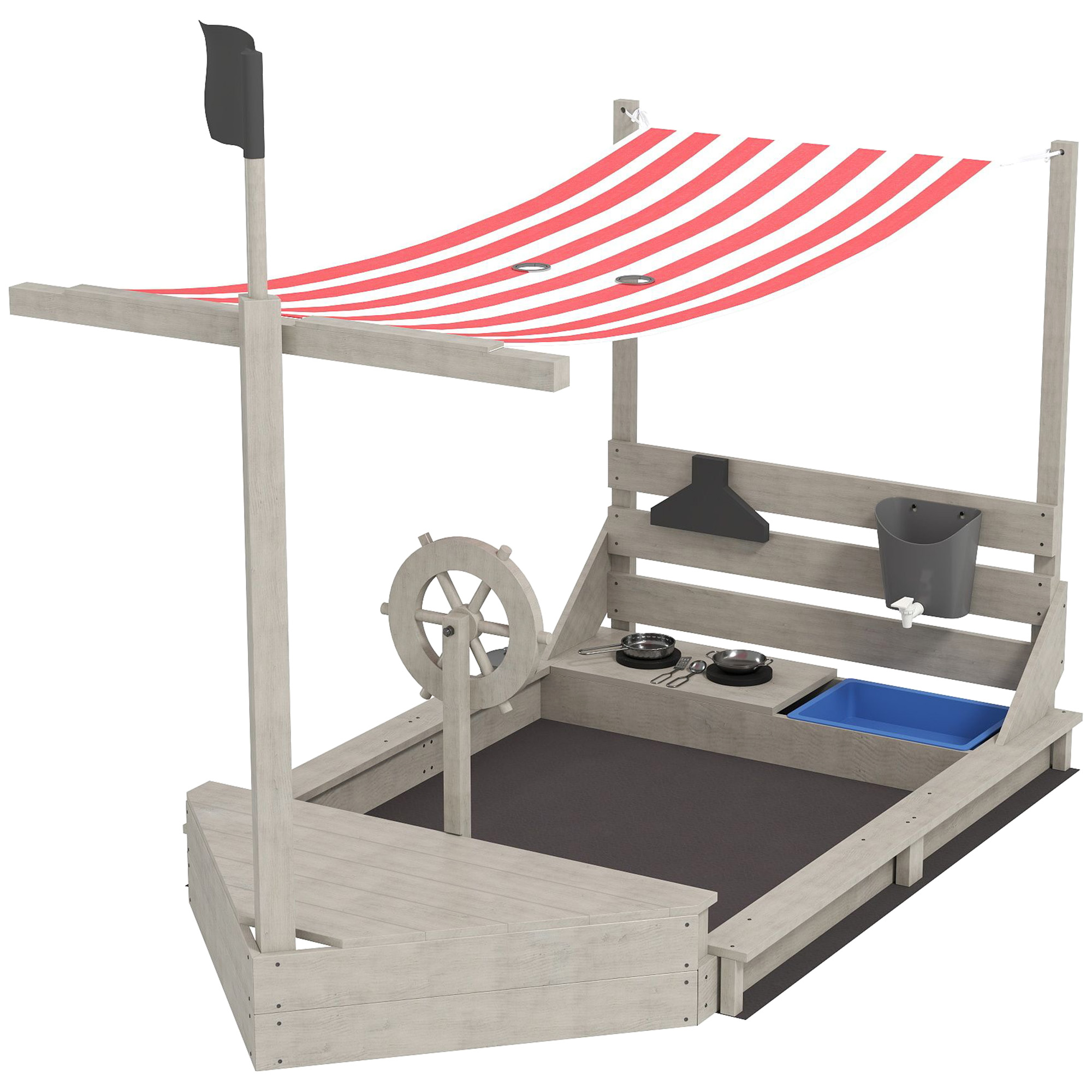 Sandkasten mit Sonnendach Piratenschiff, inkl. Kinderküchenspielset, Massivholz, 180 x 103 x 144,5 cm, Grau